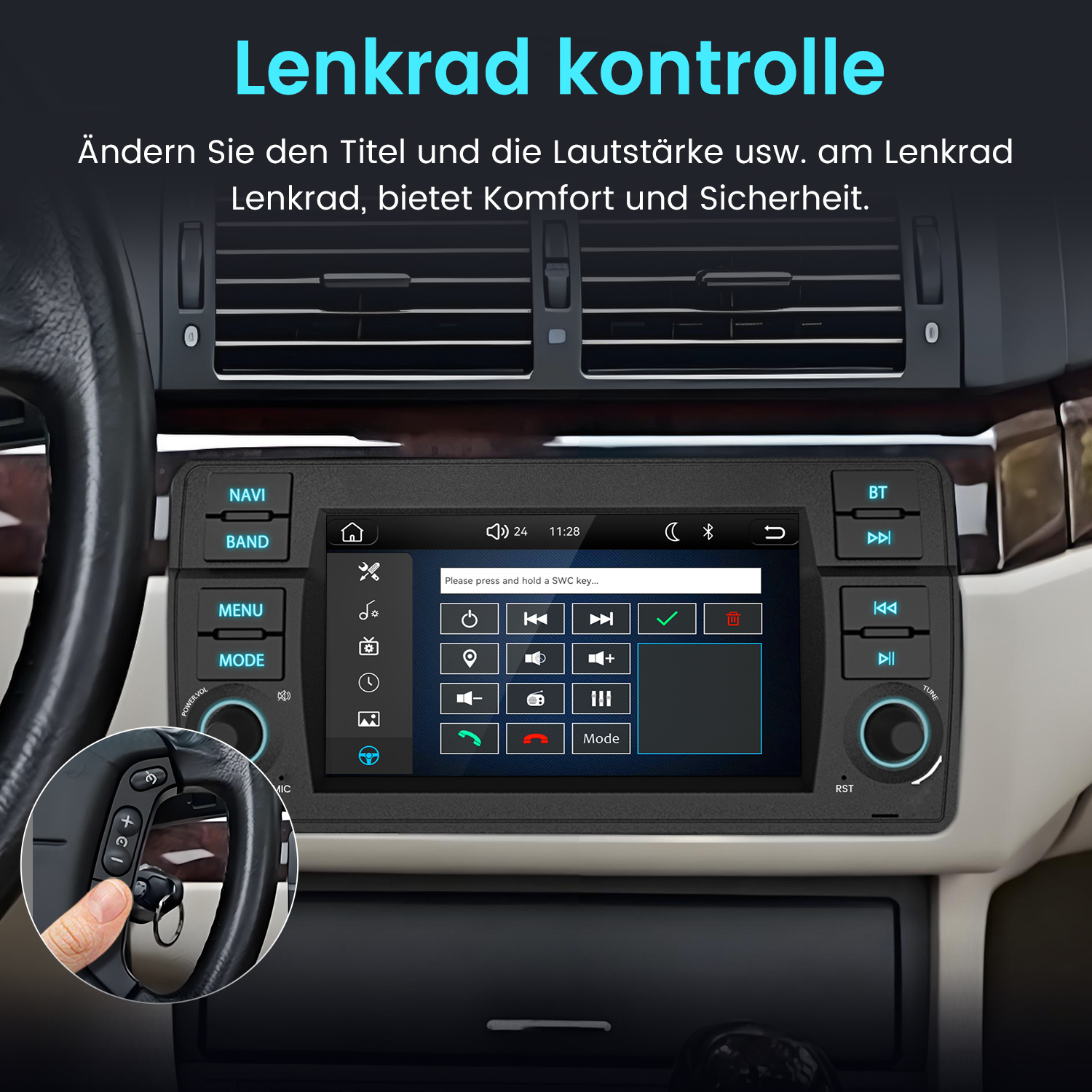 Autoinnenraum mit einem Touchscreen-Radio, das Lenkradtasten anzeigt.