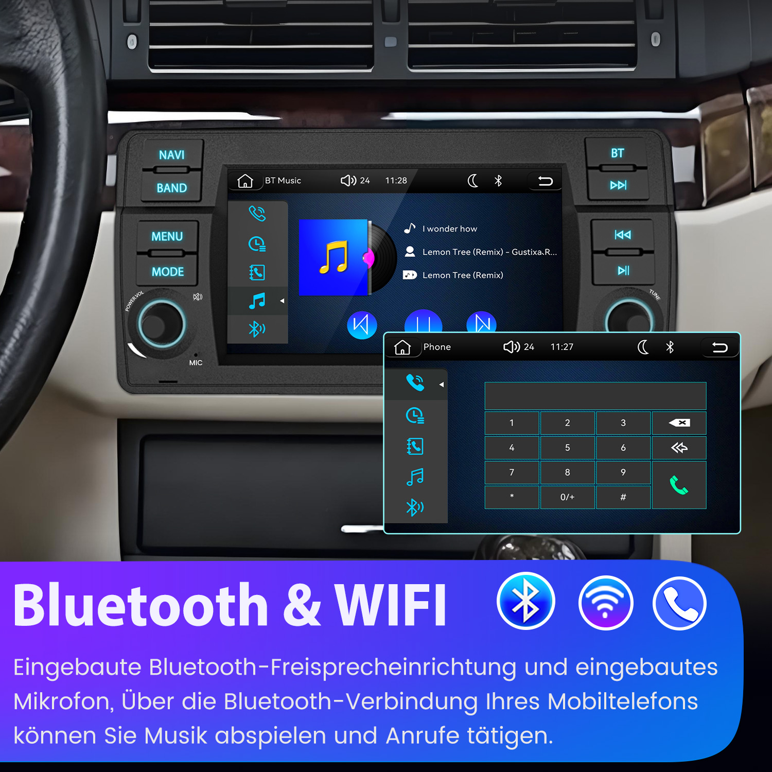 Ein Auto-Infotainmentsystem zeigt Musik und Telefonmenüs, mit Bluetooth- und WLAN-Symbolen.
