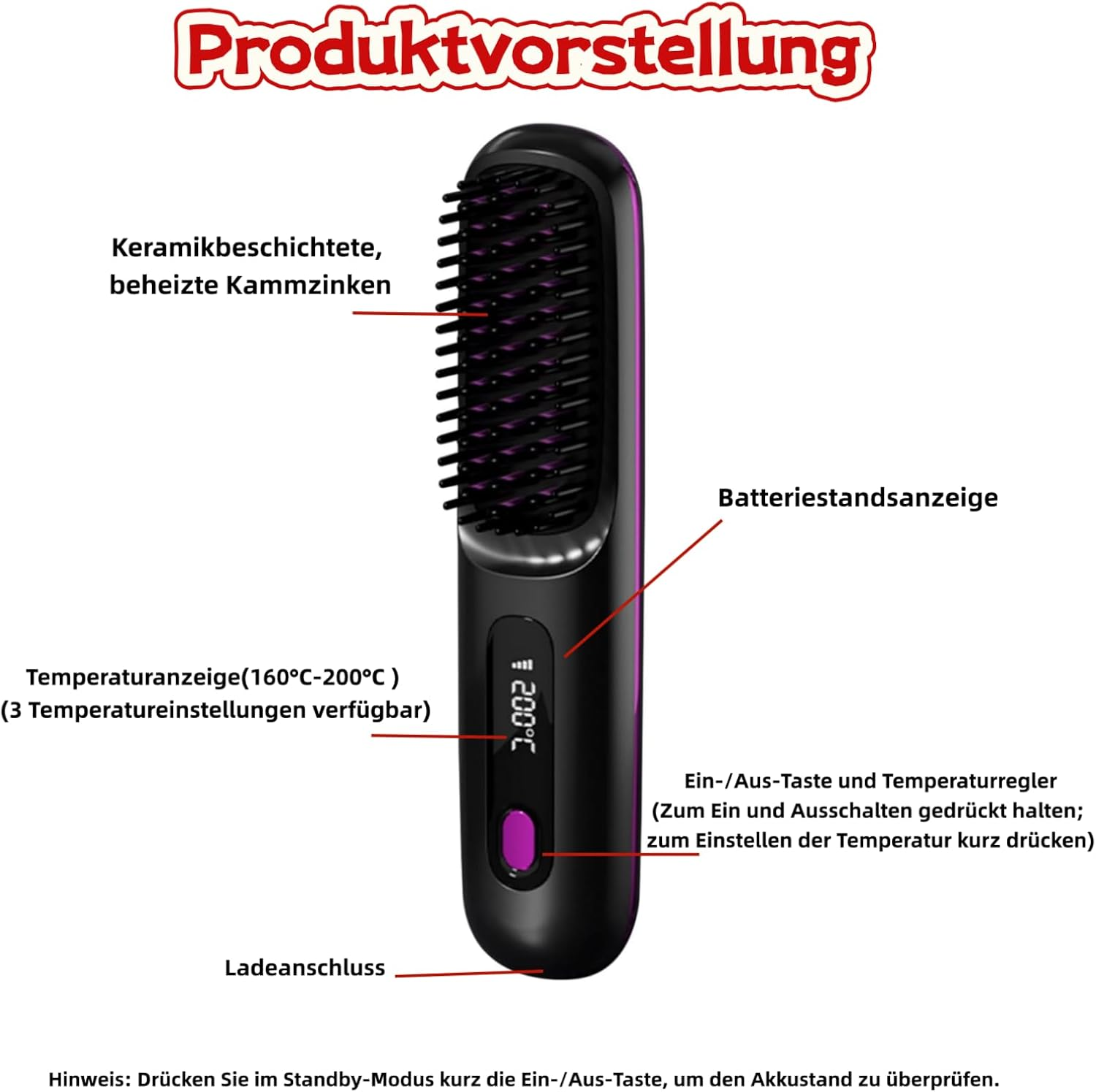 Ein schwarzer, beheizter Kamm mit Keramikbeschichtung, Ladeanschluss und Display.