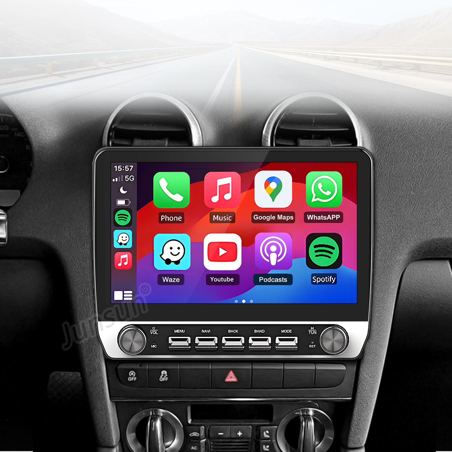 Ein Auto-Infotainment-Bildschirm zeigt Smartphone-Apps wie Telefon, Musik und Karten.