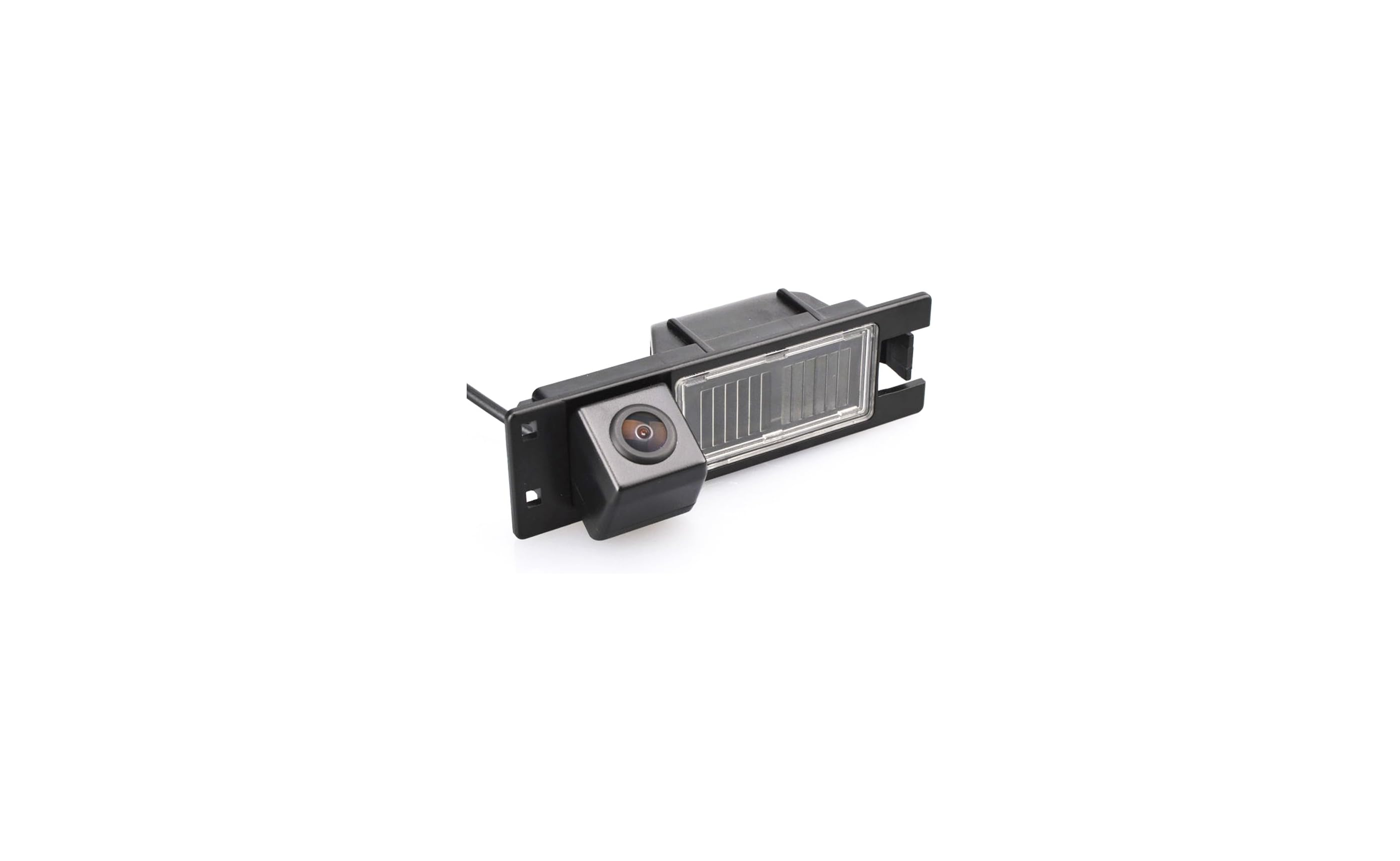 Eine schwarze Autokamera mit Linse und LED-Licht, auf weißem Hintergrund.