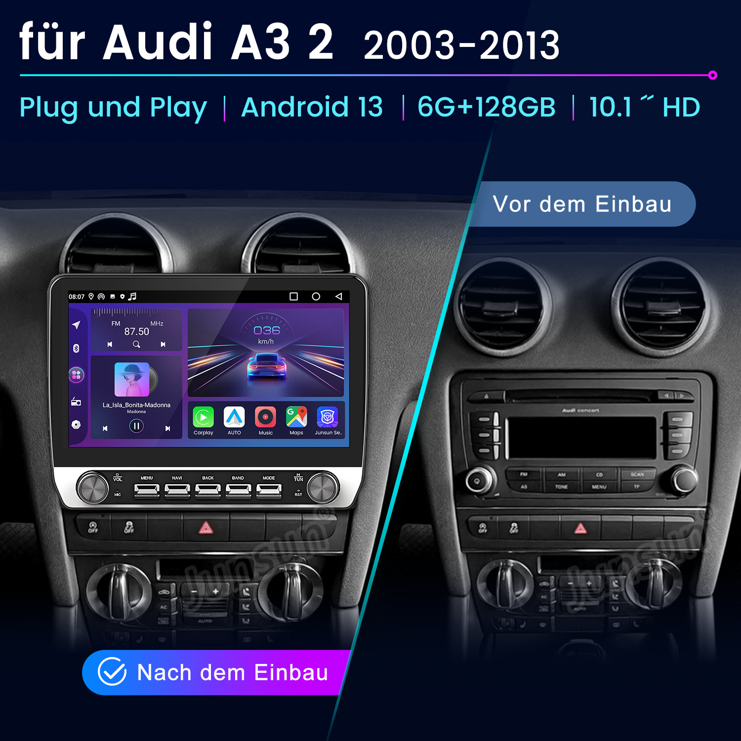 Vorher-Nachher-Vergleich eines Audi A3 Autoradios mit neuem Touchscreen-System.