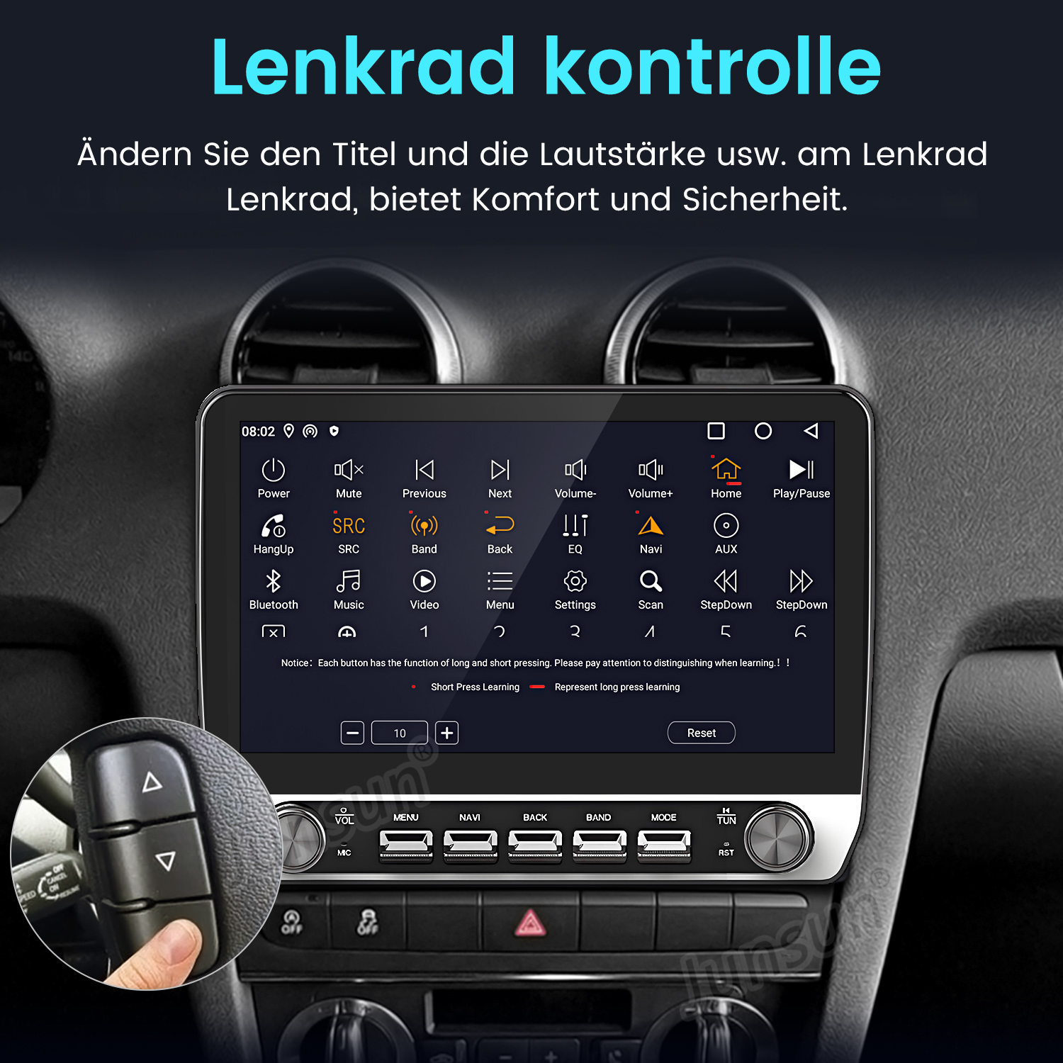 Bildschirm in einem Auto mit Lenkradsteuerung und Musikoptionen