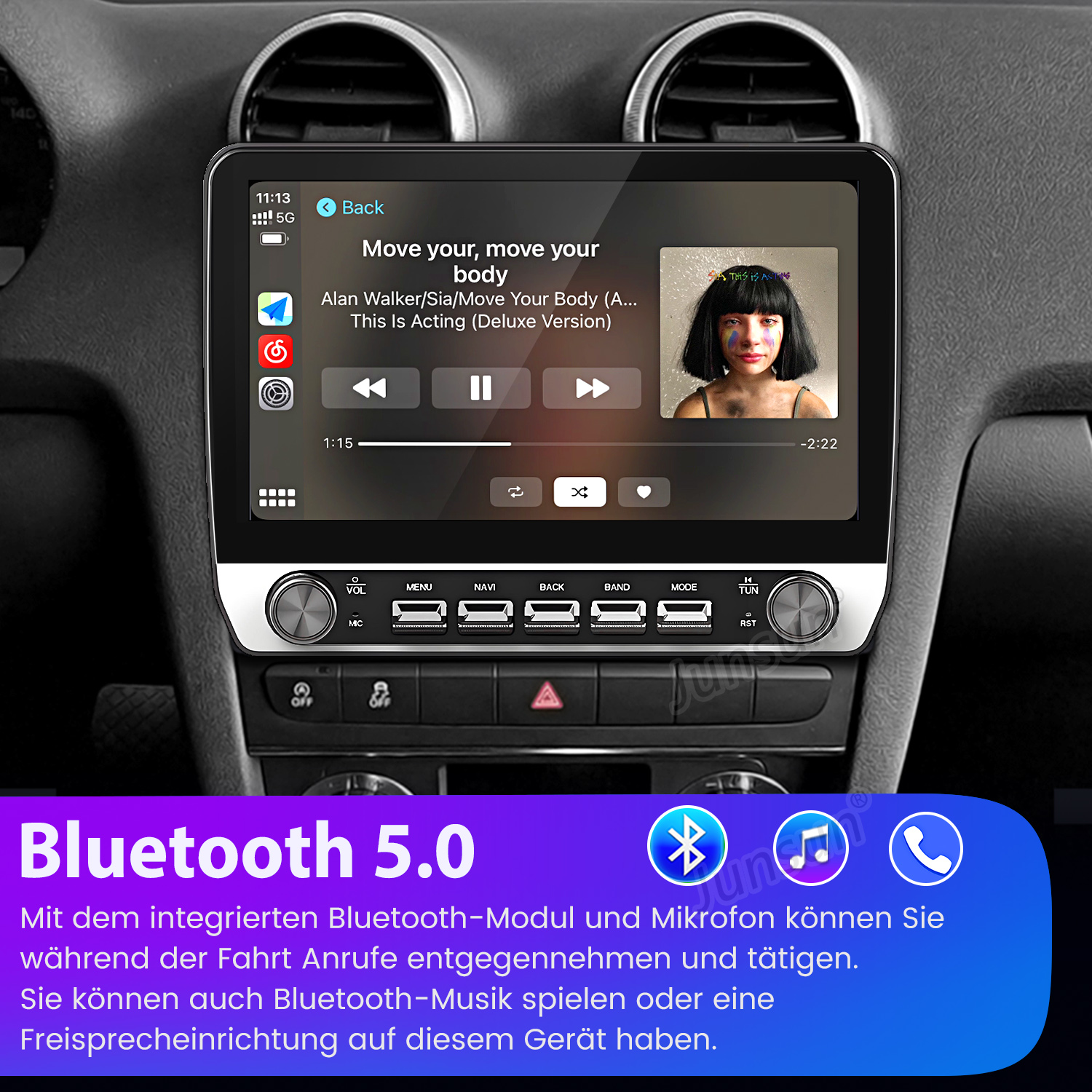 Autosystem zeigt Musiktitel mit Steuerungselementen und Künstler-Albumcover.