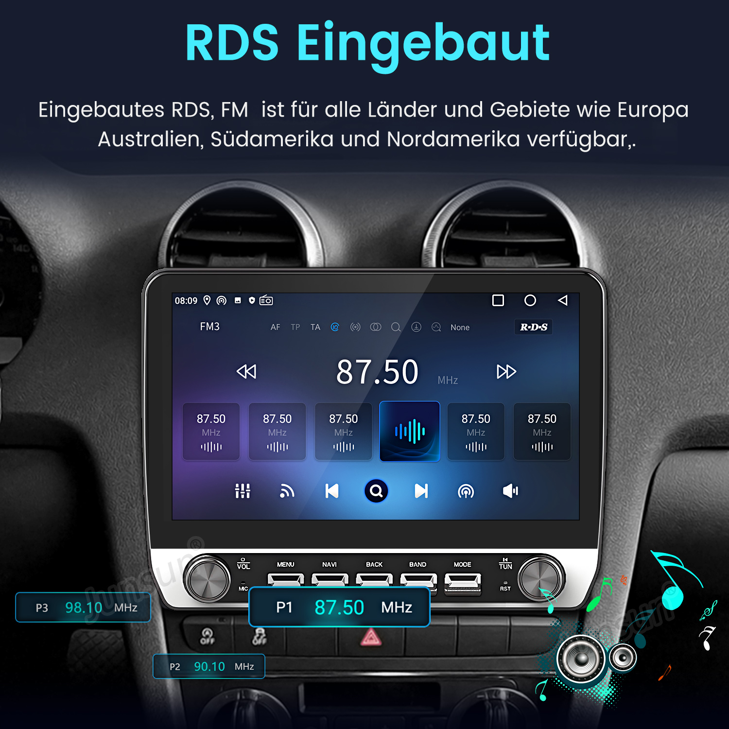 Auto-Radio-Display mit RDS-Funktion zeigt 87.50 MHz an. Knöpfe und Bedienelemente sichtbar.