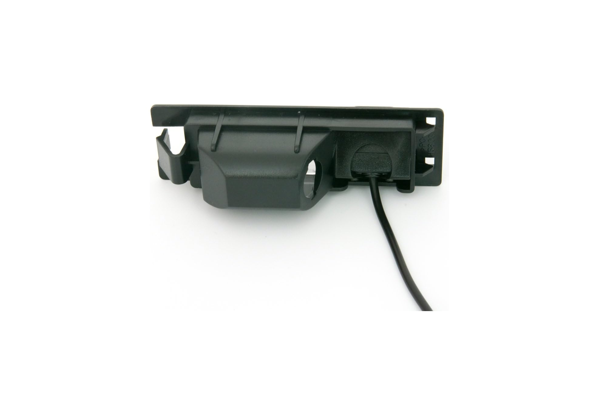 Schwarzer Kunststoffhalter mit Kabel, auf weißem Grund.