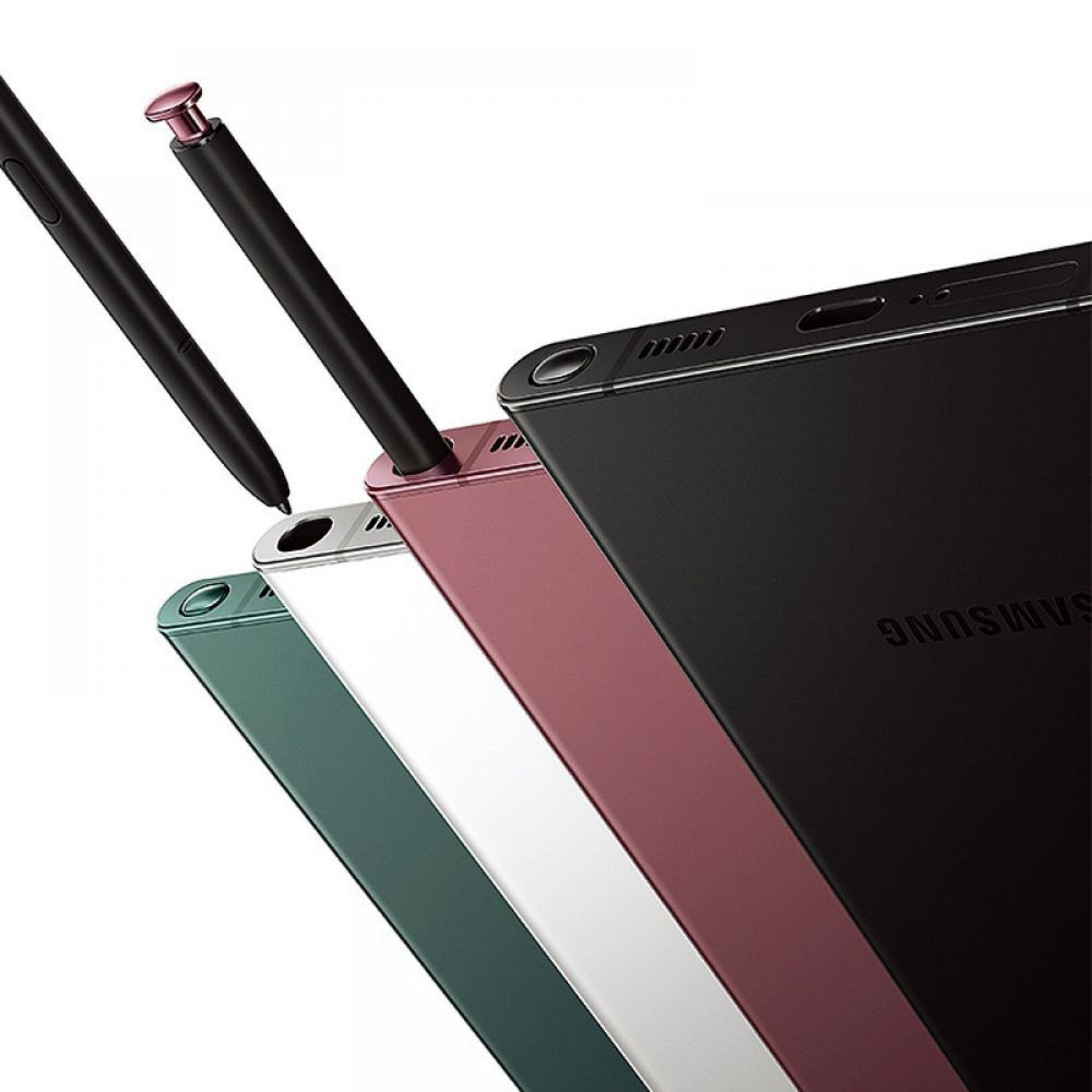Drei Smartphones in Grün, Weiß und Rosa mit einem schwarzen Stift.