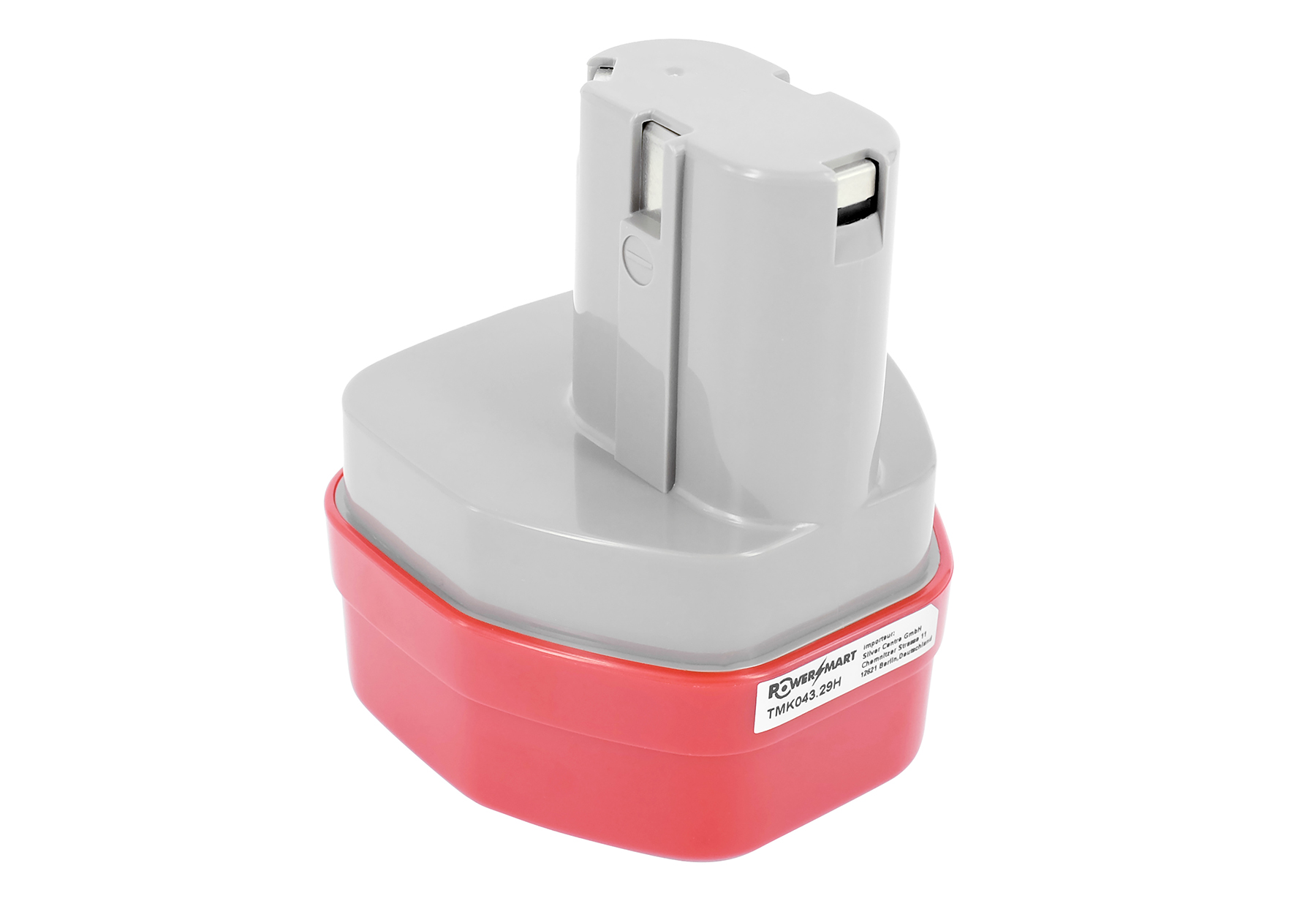 Grauer Akku mit rotem Sockel, auf dem ein Etikett mit der Aufschrift POWER MART TMK043.29H.