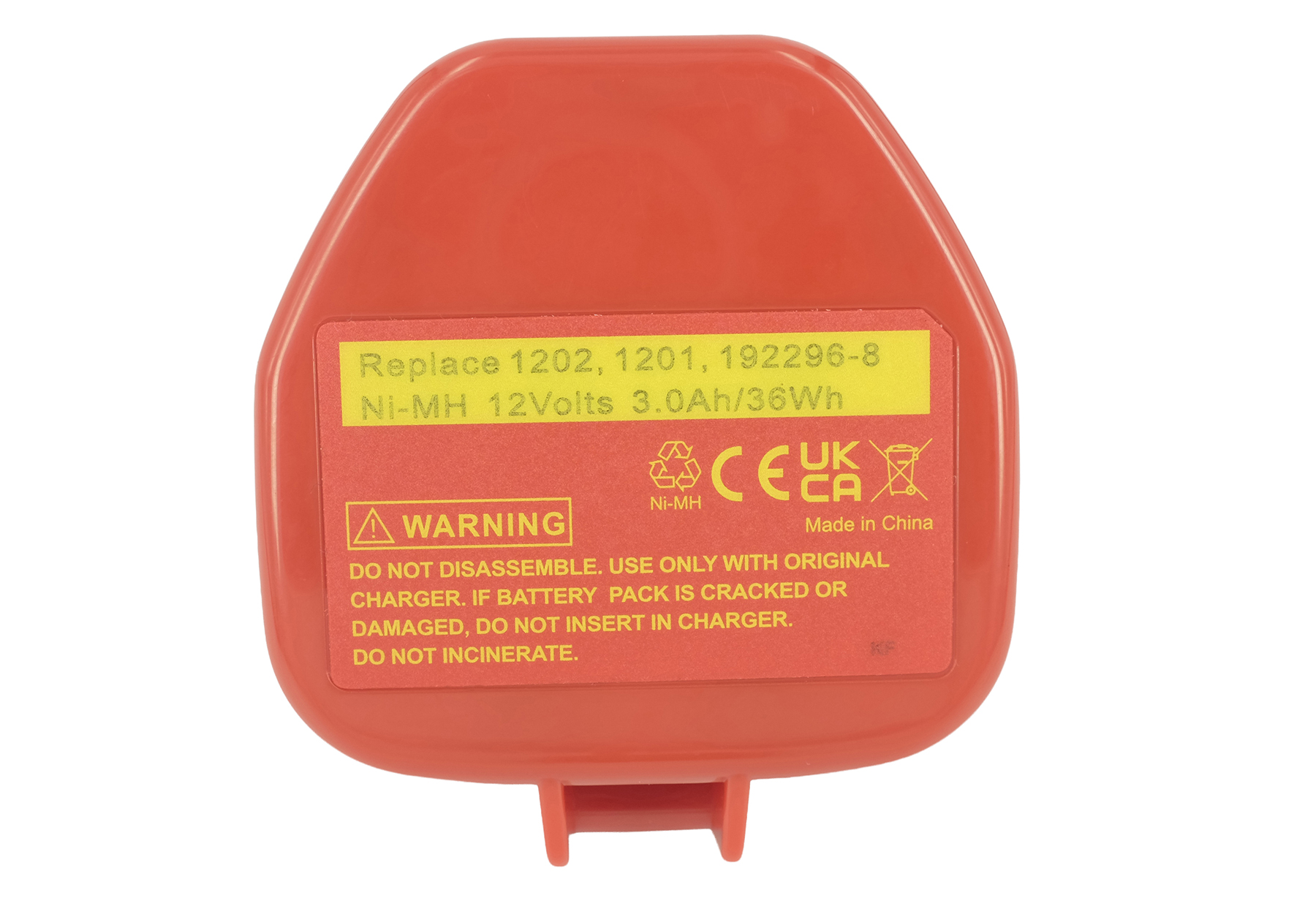 Rote Batterie mit gelbem Etikett: 12V Ni-MH, 3Ah, 36Wh. Warnung: Nicht zerlegen.