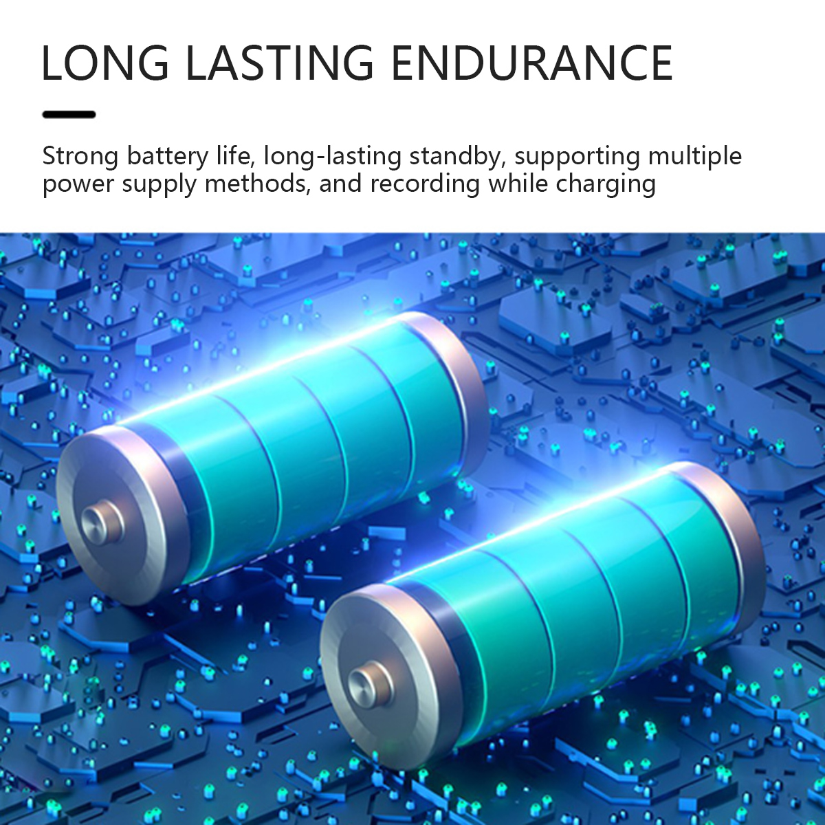 Zwei grüne Batterien auf einer blauen Platine mit Lichtern.