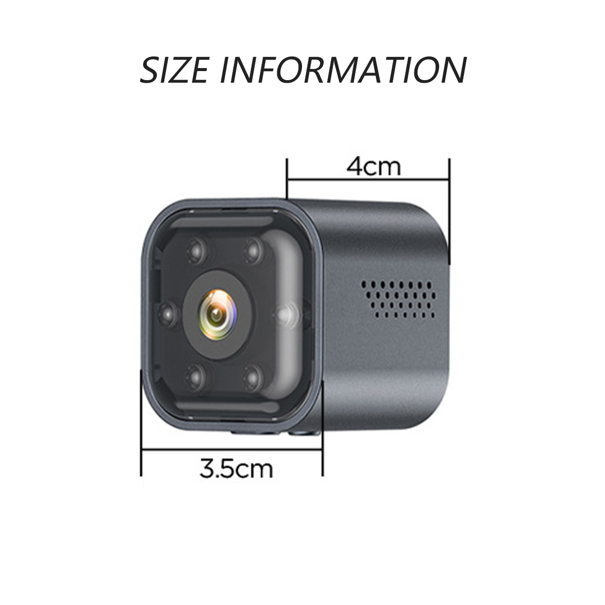 Kompakte Kameramaße: 3,5 cm breit, 4 cm tief. Mit Linse und IR-LEDs.