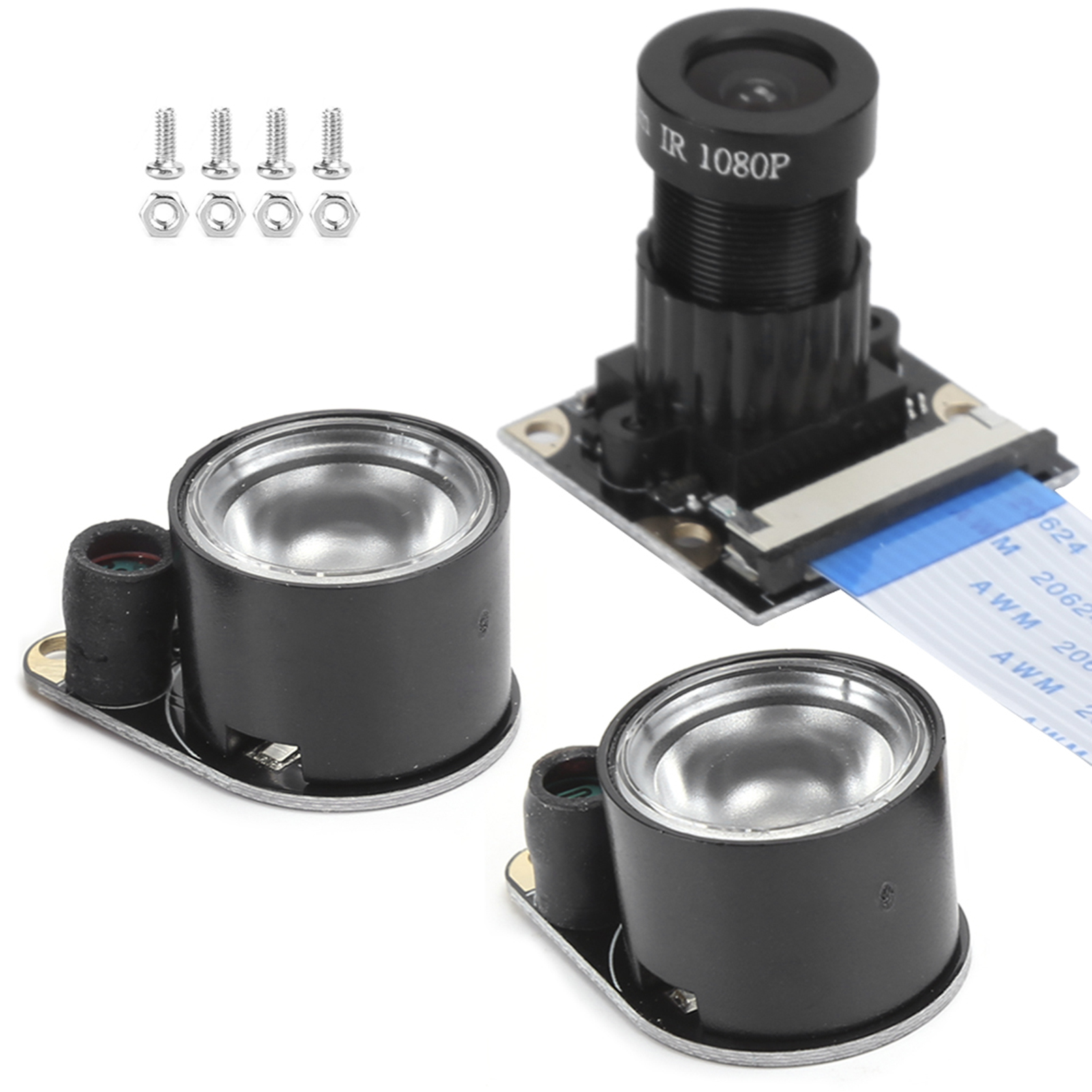 Kamera-Modul mit IR-LEDs und Befestigungsschrauben auf weißem Hintergrund.
