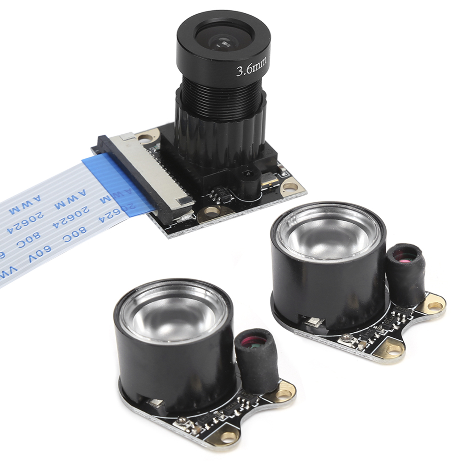 Drei elektronische Komponenten mit schwarzem Gehäuse und Silber-Reflektor auf weißem Hintergrund.