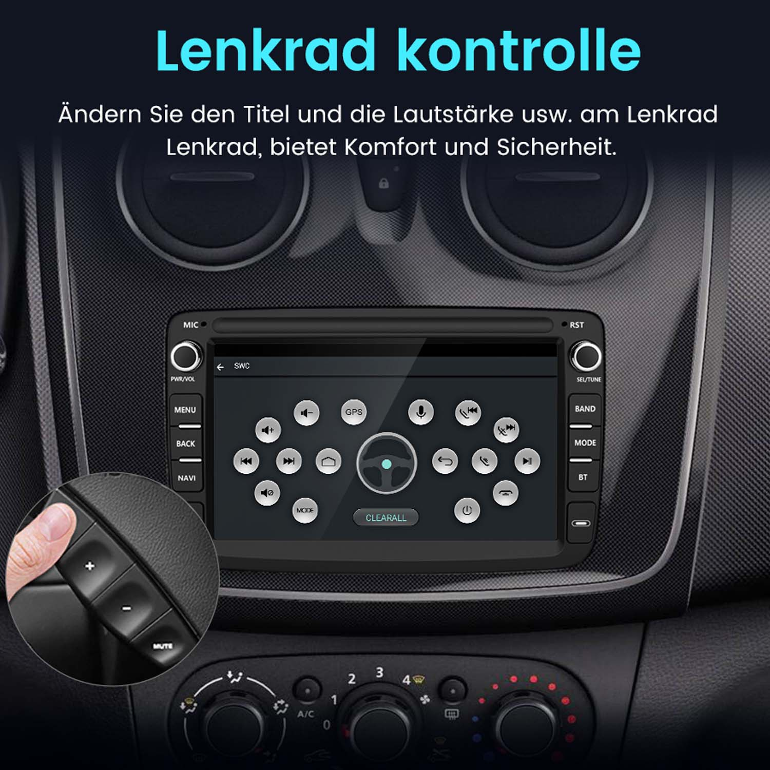 Ein Auto-Infotainment-System mit Lenkradsteuerung wird gezeigt.