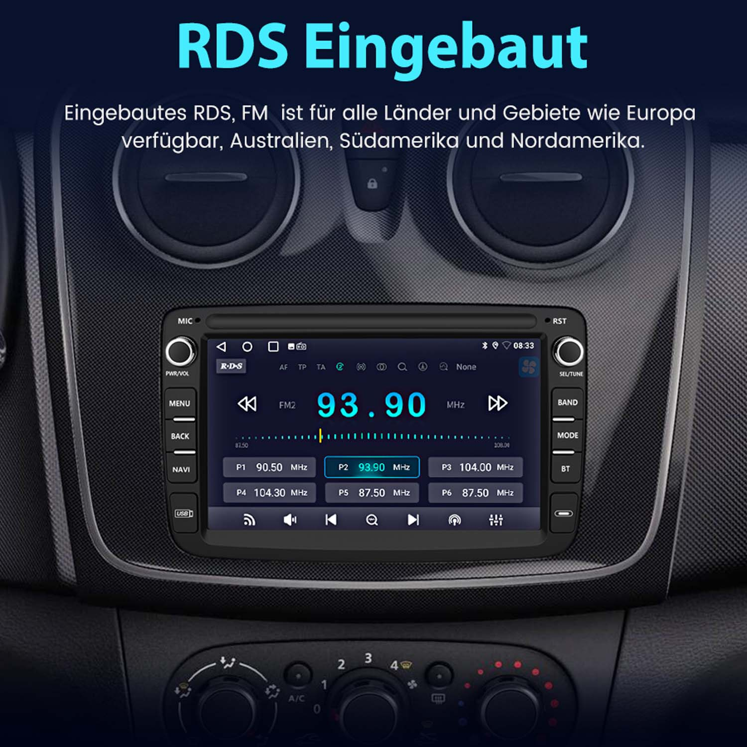Ein Autoradio-Display zeigt RDS, FM-Radio mit Frequenz 93.90 MHz und Sender-Presets.