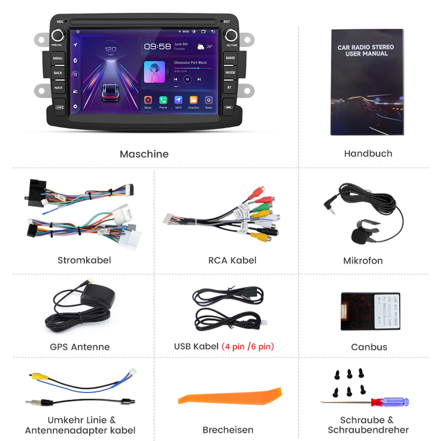 Ein Auto-Radio-Display mit Navigation, Handbuch, Kabeln, Mikrofon, Antenne, USB-Kabel, Canbus.