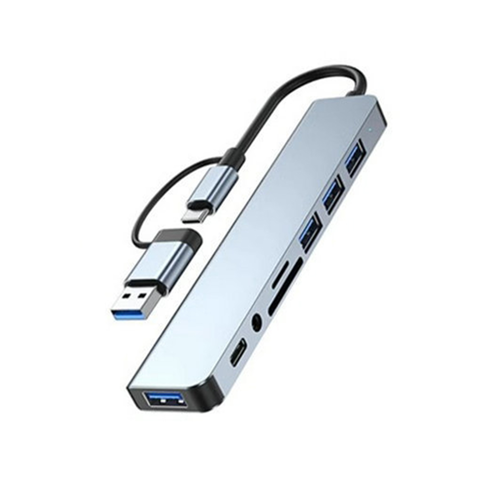 Ein silberner USB-C-Hub mit mehreren Anschlüssen, einschließlich USB-A, SD-Kartensteckplätzen und einem Netzschalter.