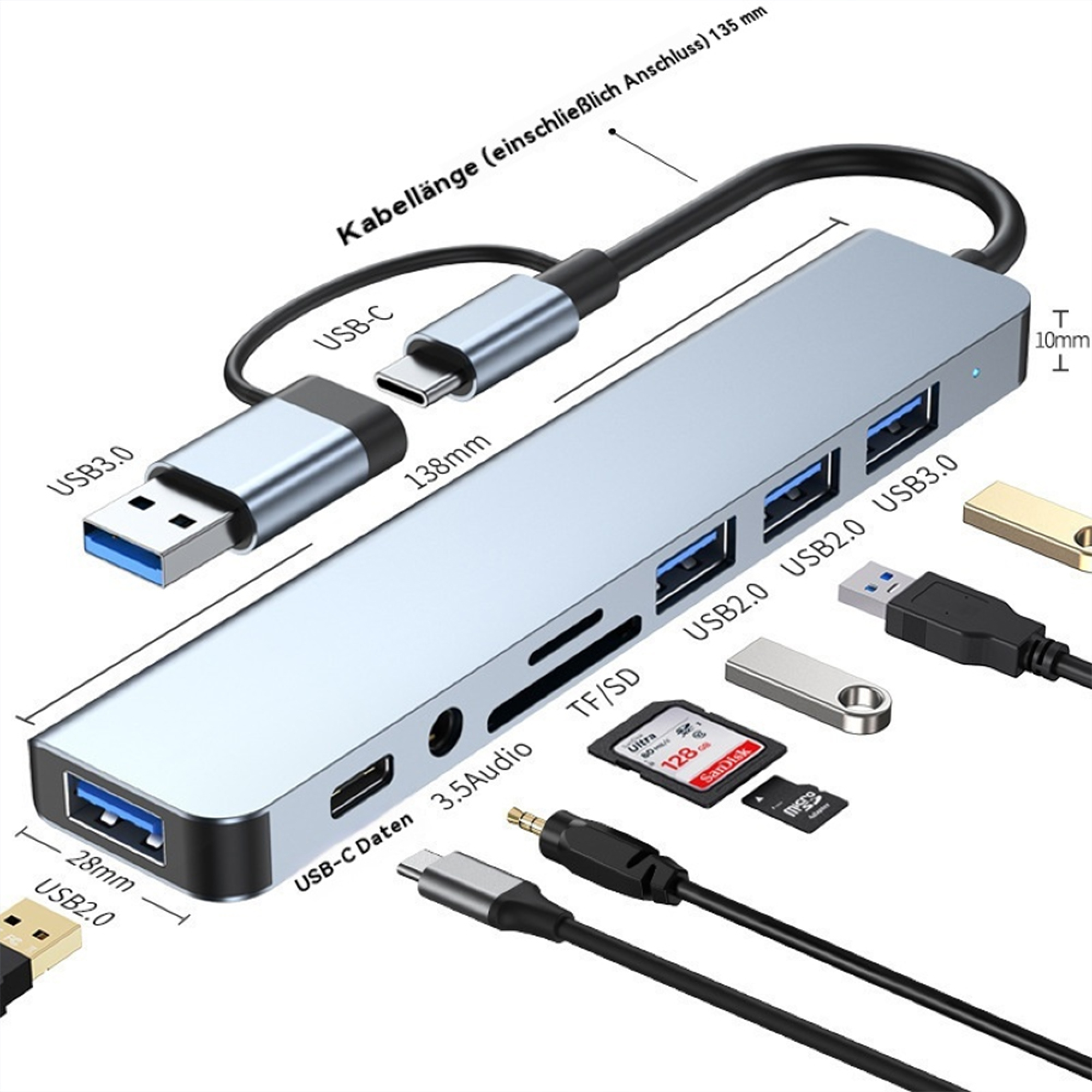 Ein silberner USB-C Hub mit mehreren Anschlüssen, SD-Karten und USB-Sticks.