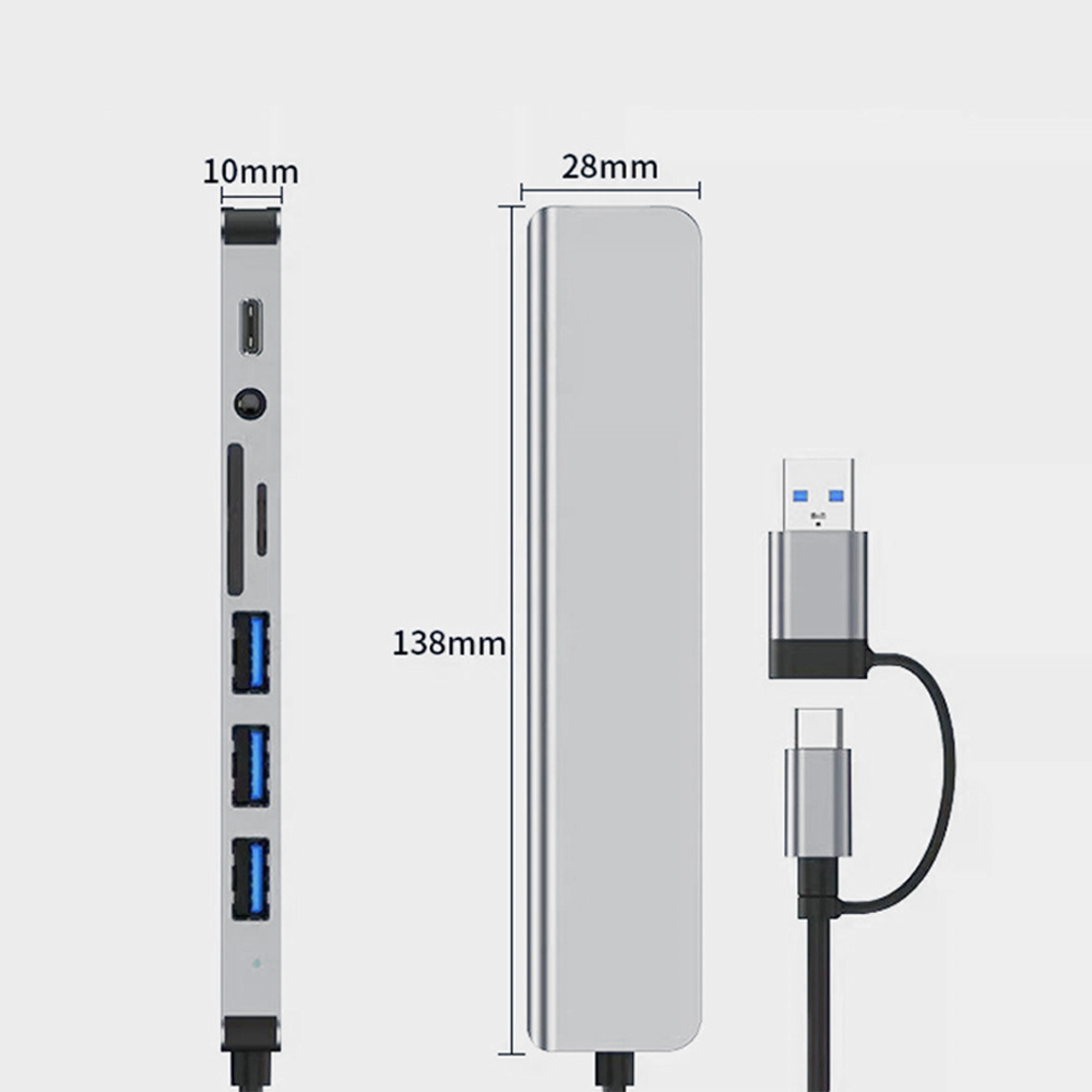 Silberne USB-Hub mit USB-A, USB-C, SD/TF-Kartensteckplätzen. Maße gezeigt.
