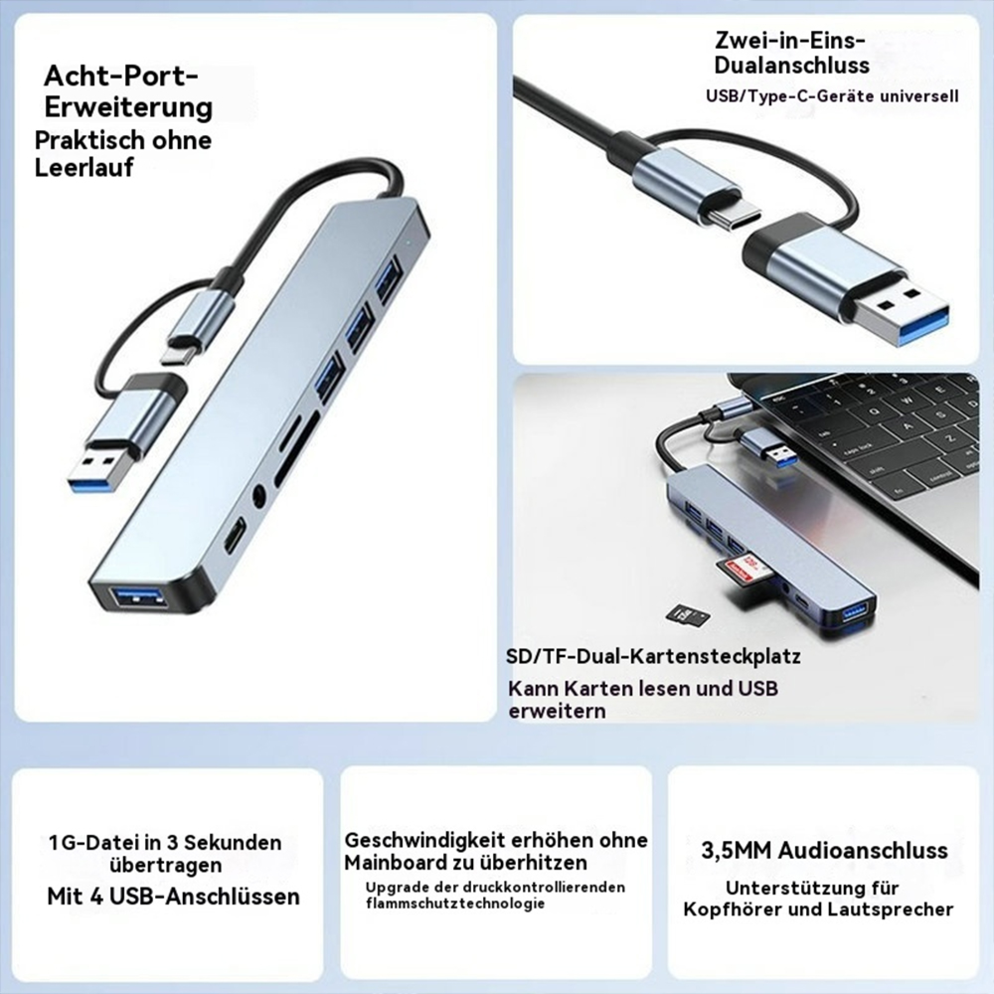 Ein silberner USB-C-Hub mit mehreren Anschlüssen, darunter SD/TF-Kartenleser und USB-Ports.