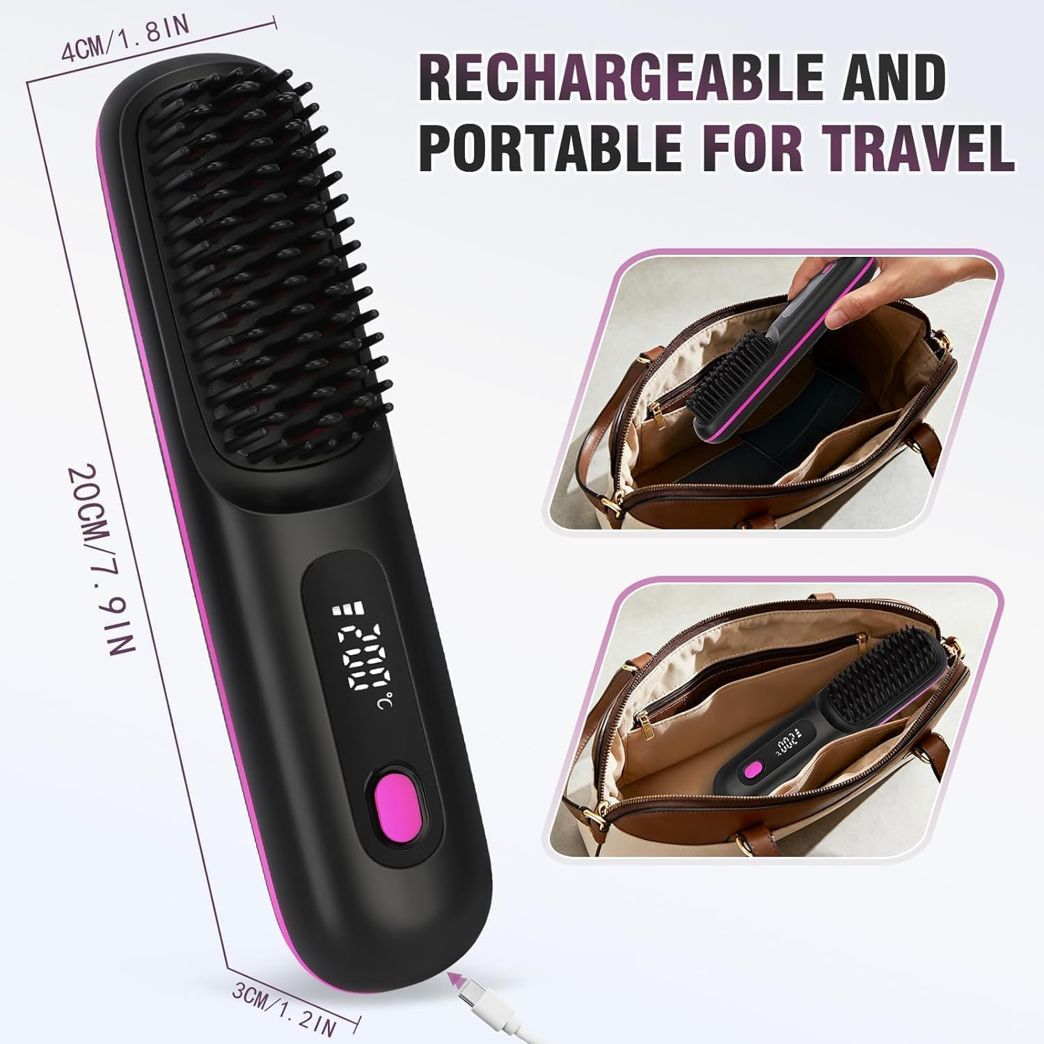 Ein schwarzer und pinker Haarglättungsbürsten mit Digitalanzeige, der in eine Tasche gesteckt wird.