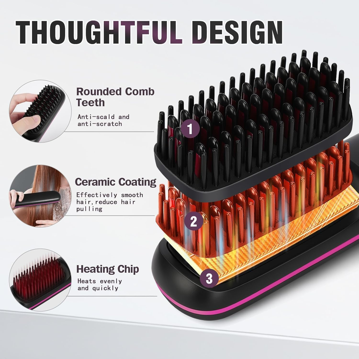 Produktabbildung zeigt einen Haarglätter mit drei Schichten: abgerundete Kammzähne, Keramikbeschichtung und Heizchip.