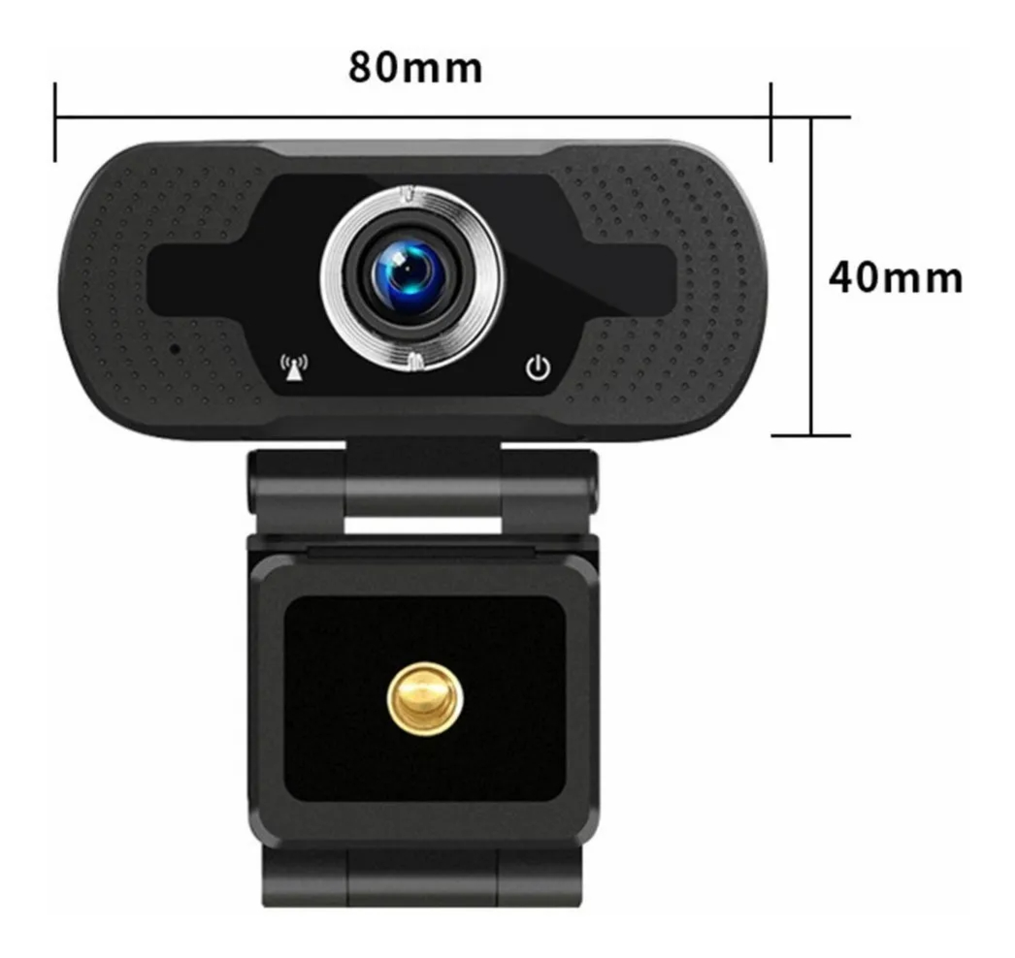 Schwarze Webcam mit WLAN-Symbol, Netzschalter und Stativhalterung. Maße: 80x40mm.