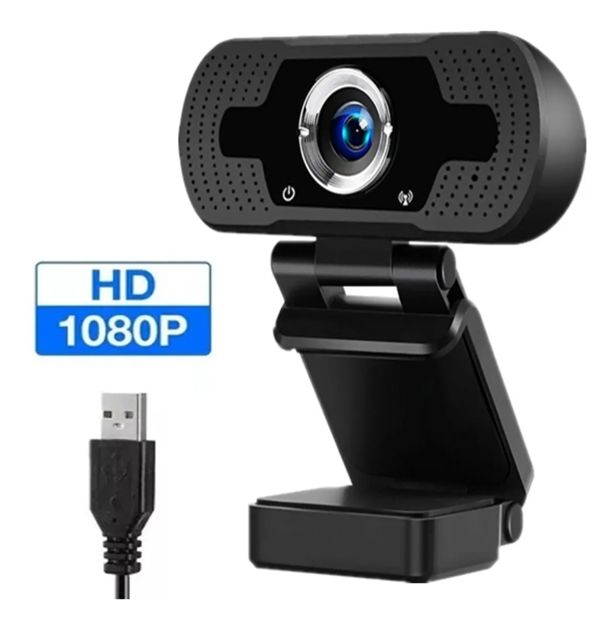 Schwarze HD 1080P Webcam mit USB-Anschluss und verstellbarem Ständer.
