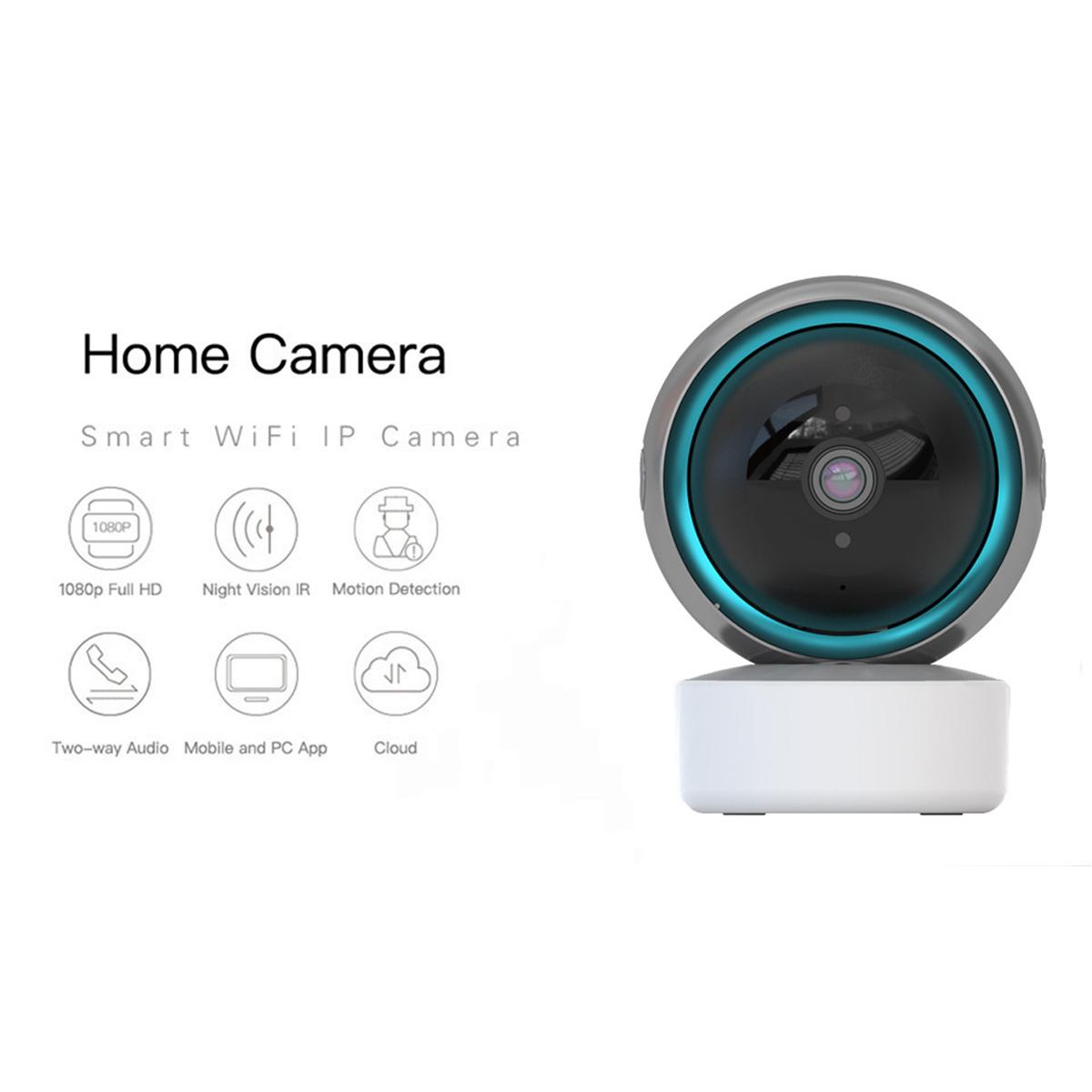 Ein Smart-Home-Kamera-Produktbild mit Text und Icons.