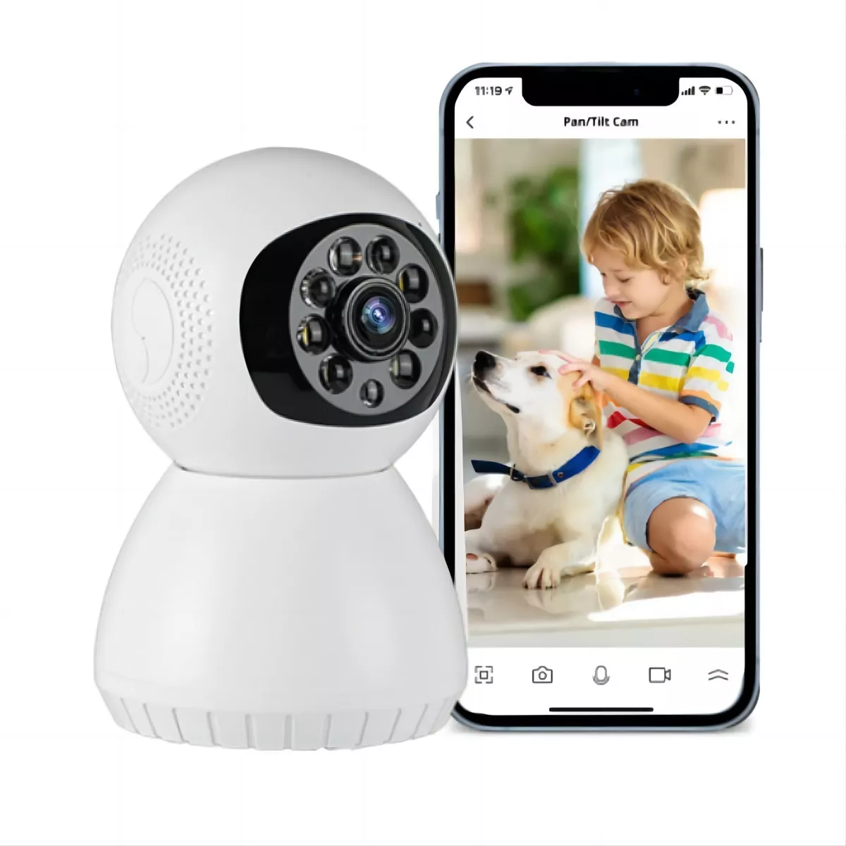 Eine weiße Überwachungskamera neben einem Smartphone, das einen Jungen mit Hund zeigt.
