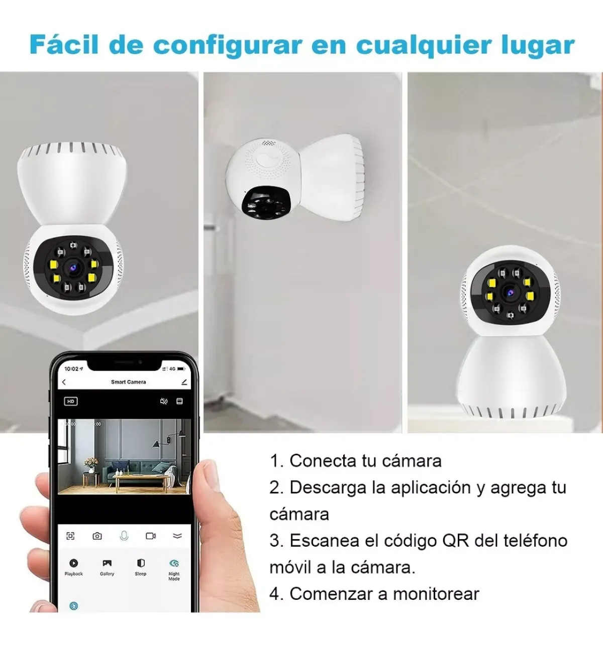 Einrichtung einer weißen Smart-Kamera mit Nachtsicht und einer App-Vorschau.