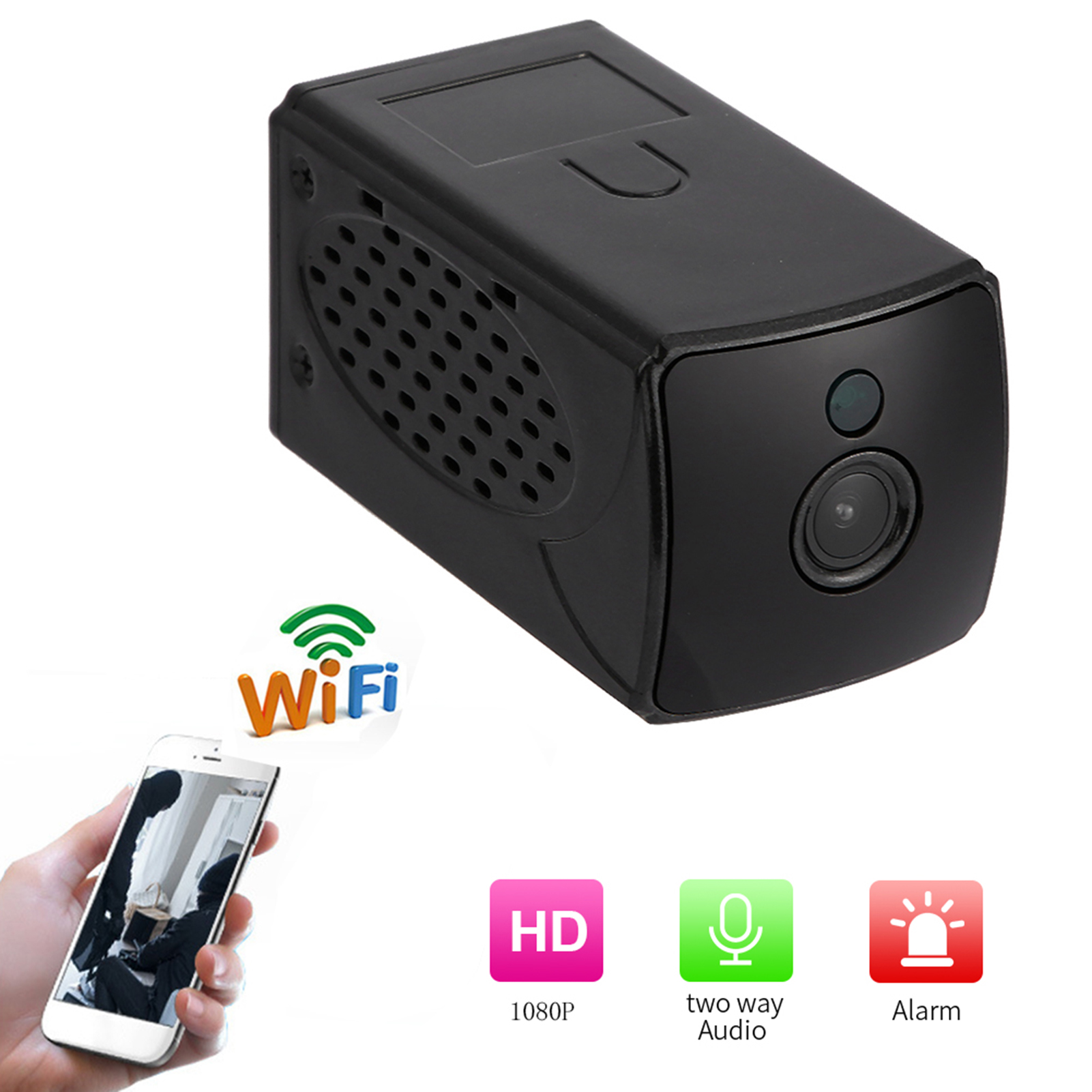 Schwarze Mini-Überwachungskamera mit WiFi-Symbol, Handy und Icons für HD, Zwei-Wege-Audio, Alarm.