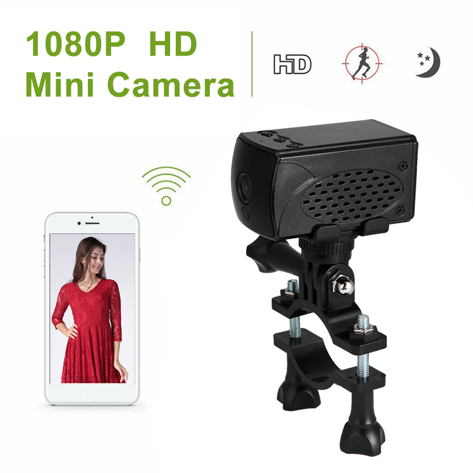 1080P HD Minikamera mit Halterung neben einem Smartphone, das eine Frau in Rot zeigt.