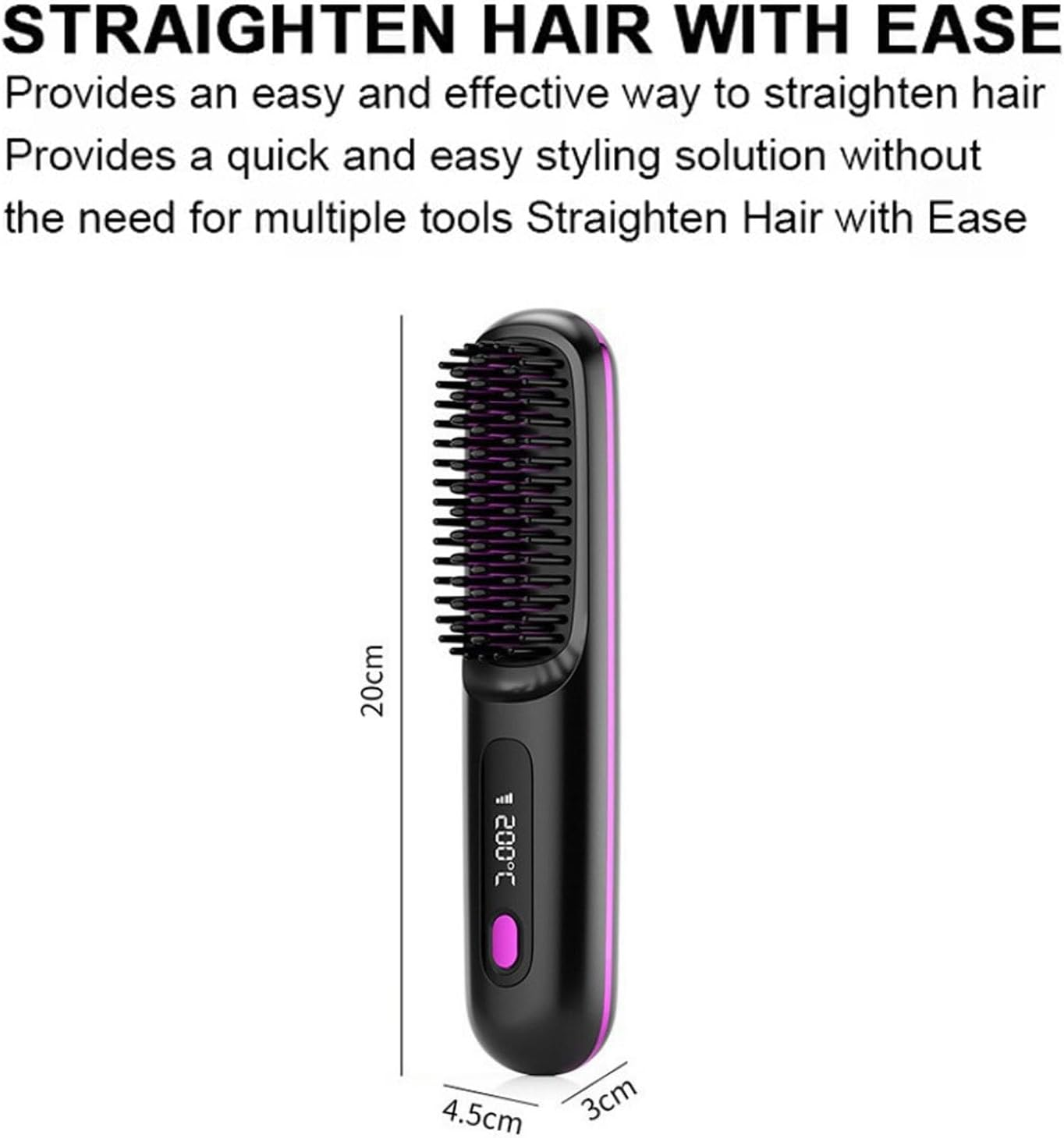 Schwarzer und pinker Haarstreckkamm mit Display, das 200°C anzeigt.