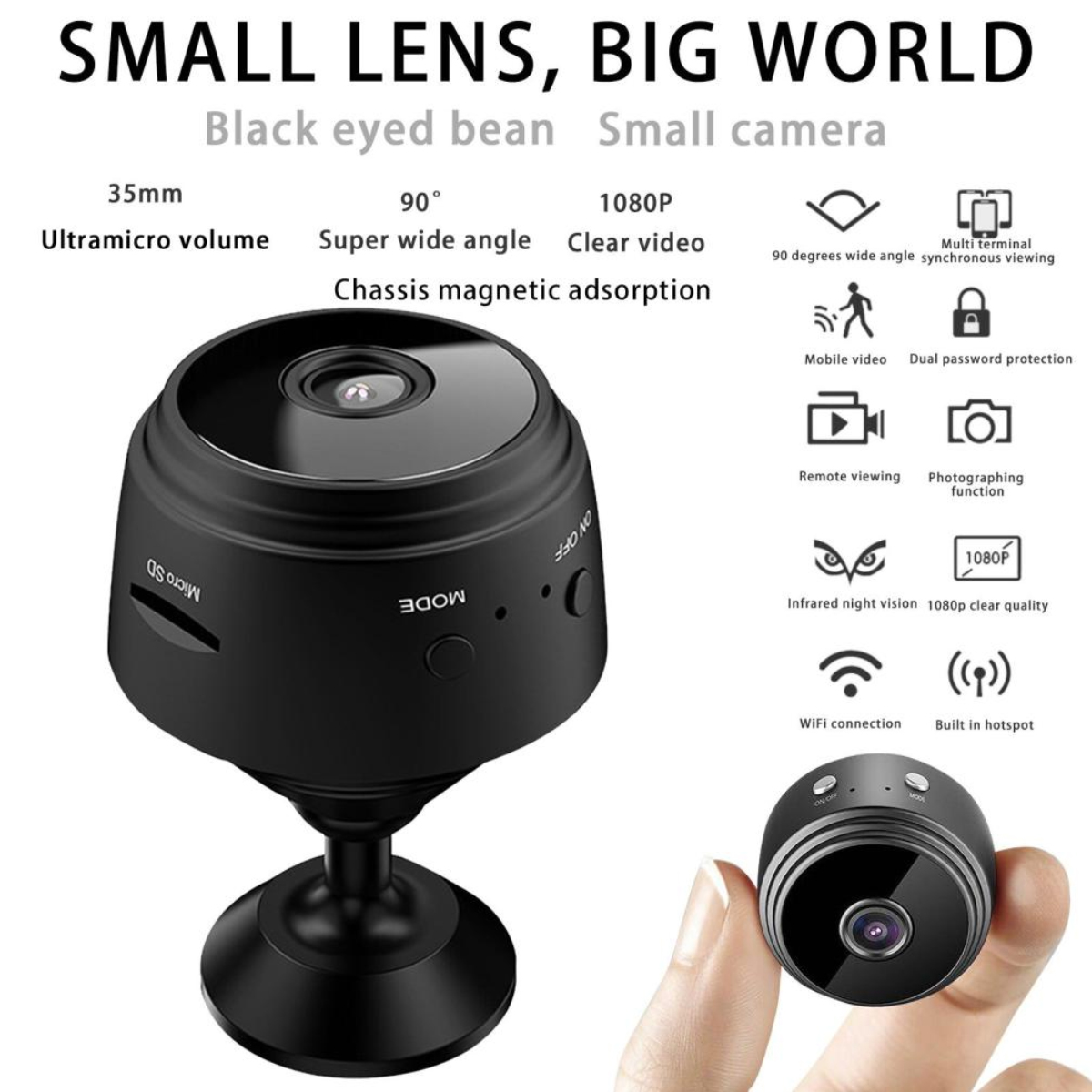 Kleine schwarze Kamera mit breitem Winkel und Nachtsicht auf einem Ständer.