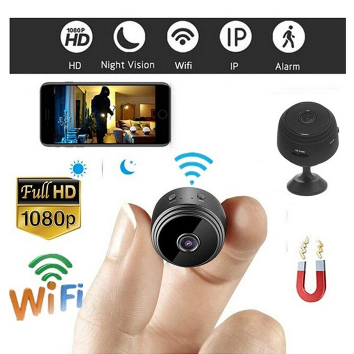 Kleine schwarze Kamera auf einer Fingerspitze, mit Symbolen für HD, Nachtsicht, WLAN und Alarm.