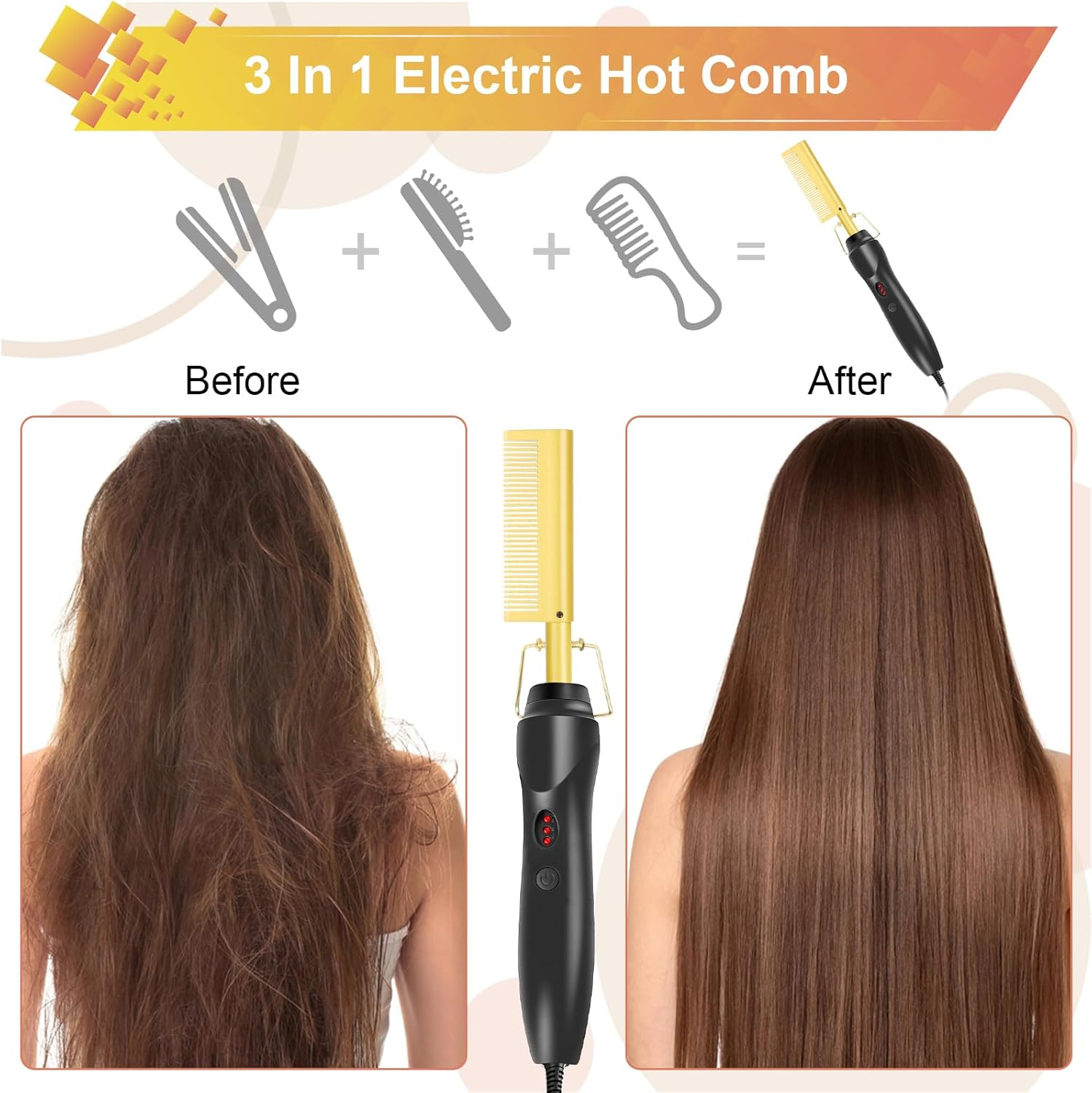 Vorher-Nachher-Haarglättung mit einem 3-in-1-Heißkamm. Vorher: krauses Haar. Nachher: glattes Haar.