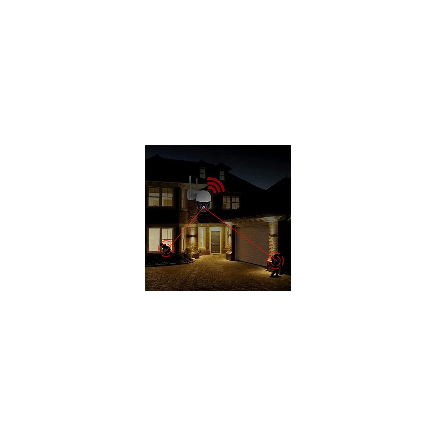 Überwachungskamera überwacht Haus und Garage bei Nacht.