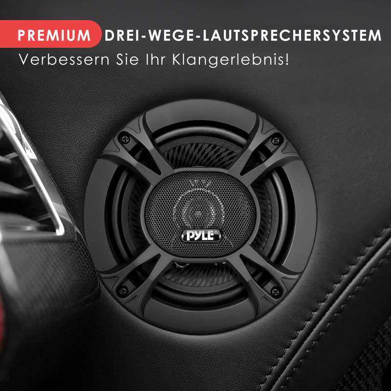 Schwarzer Lautsprecher mit Pyle-Logo auf schwarzem Leder.