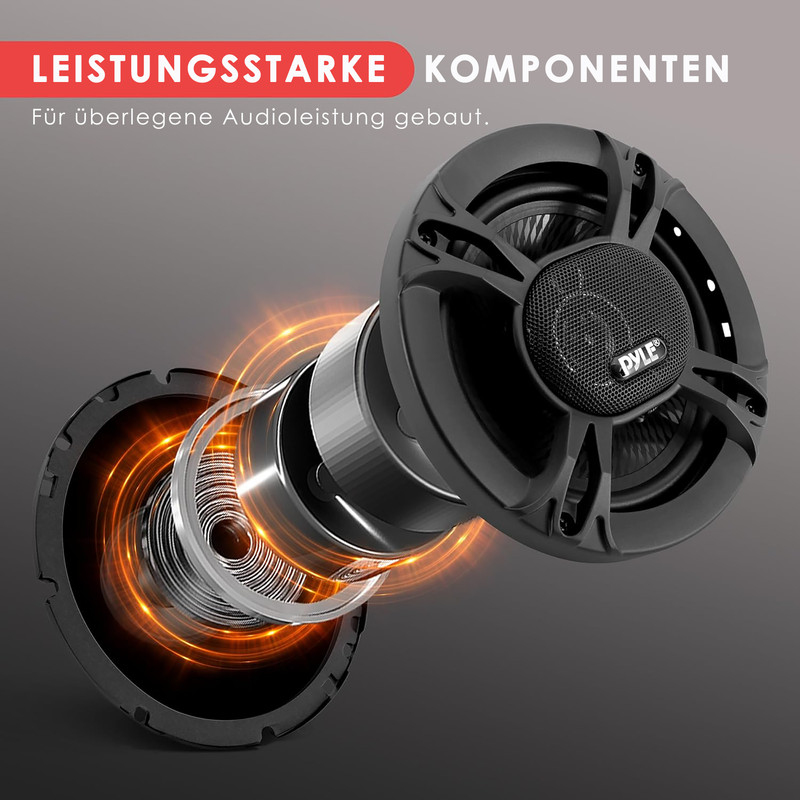 Explodierte Ansicht eines schwarzen Lautsprechers mit orangen Energieeffekten.