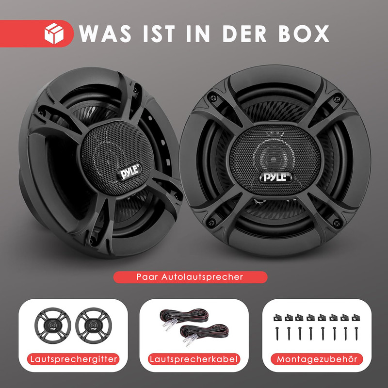 Zwei schwarze Pyle Autolautsprecher mit Montagezubehör, Kabeln und Gittern.