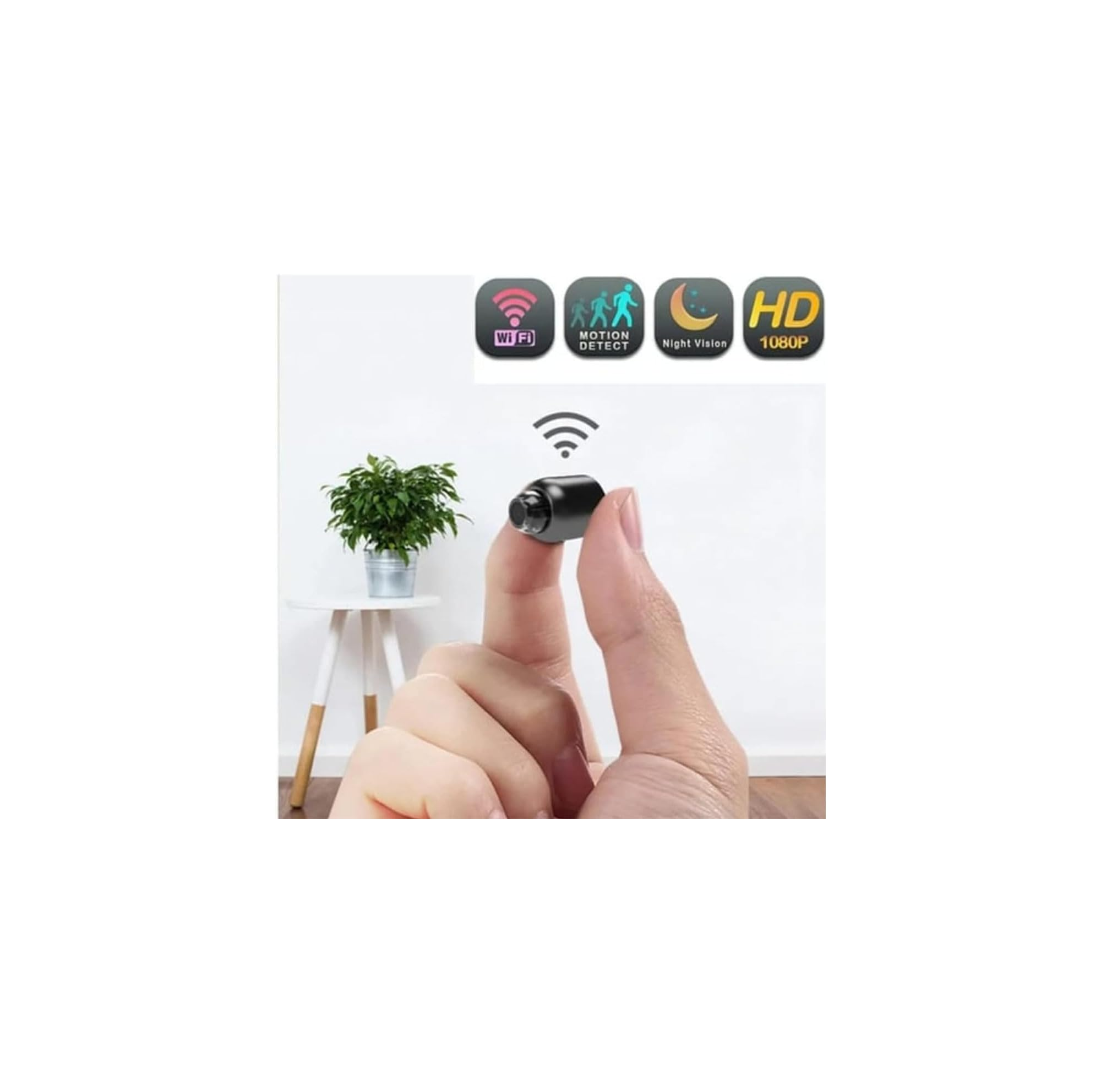 Eine Person hält eine winzige schwarze Kamera. Icons zeigen WLAN, Bewegungserkennung, Nachtsicht.
