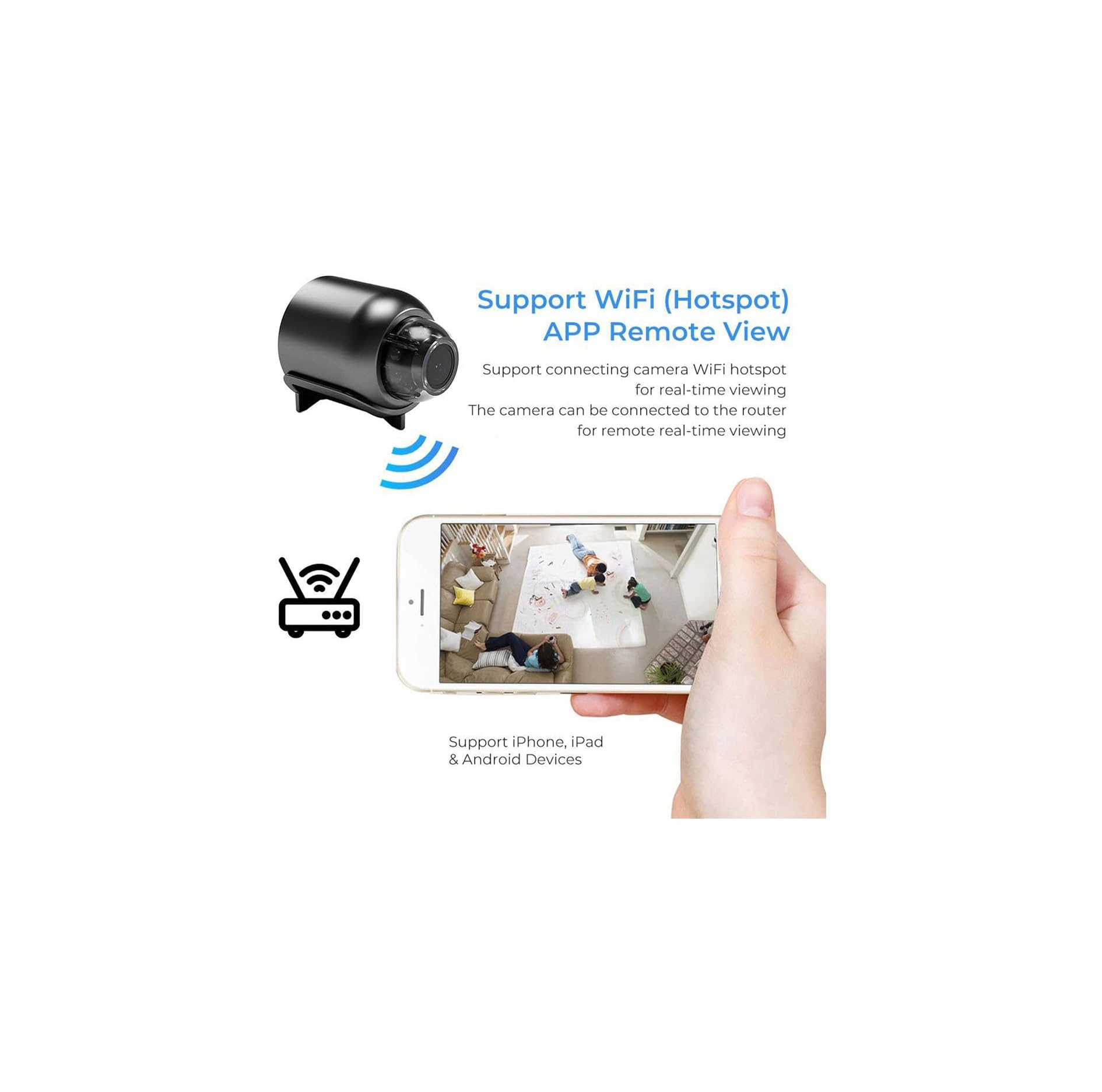 Schwarze Kamera zeigt WLAN-Hotspot und Telefon mit Live-Ansicht eines Wohnzimmers.