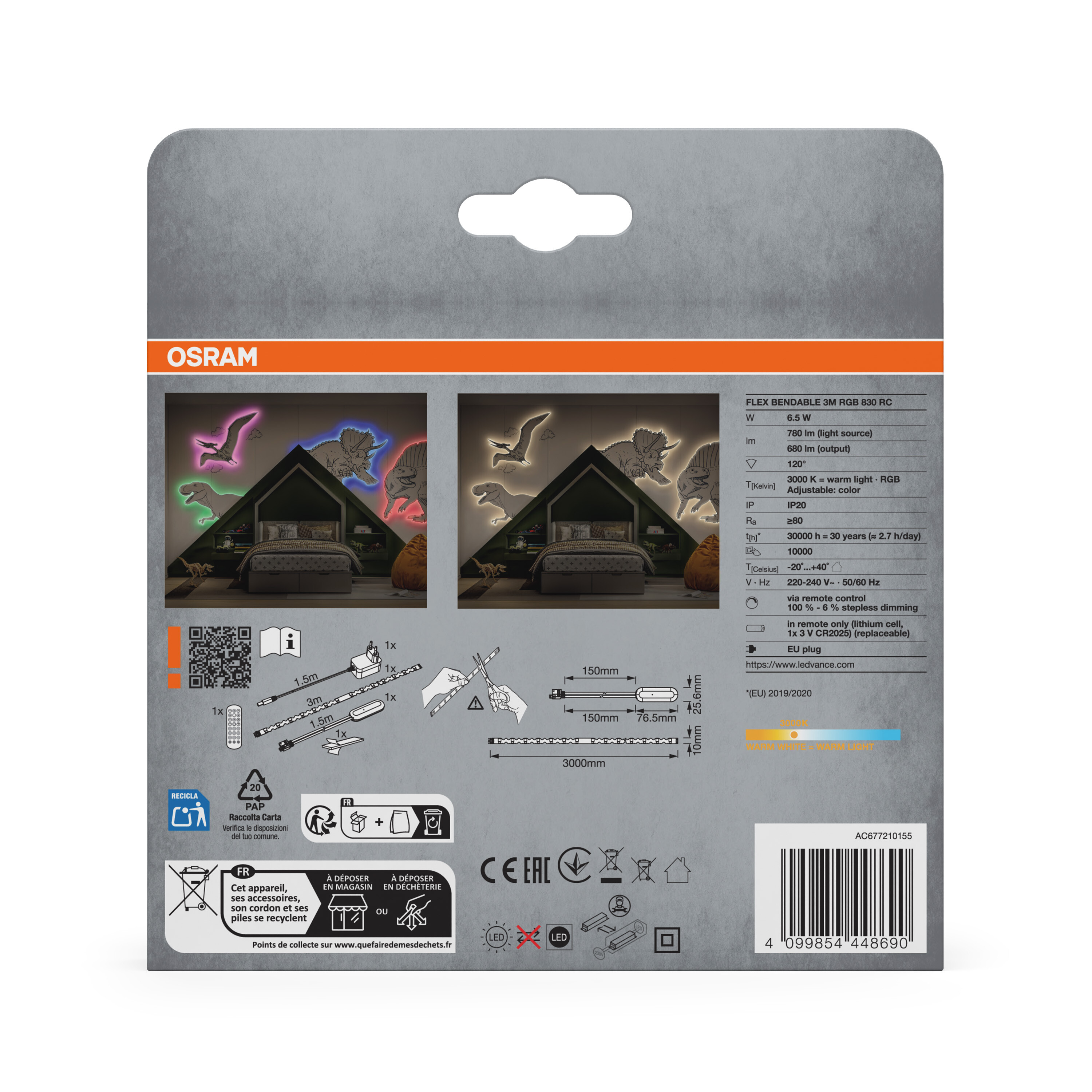 OSRAM LED-Streifenverpackung mit Dinosaurier-Motiv und technischen Details.