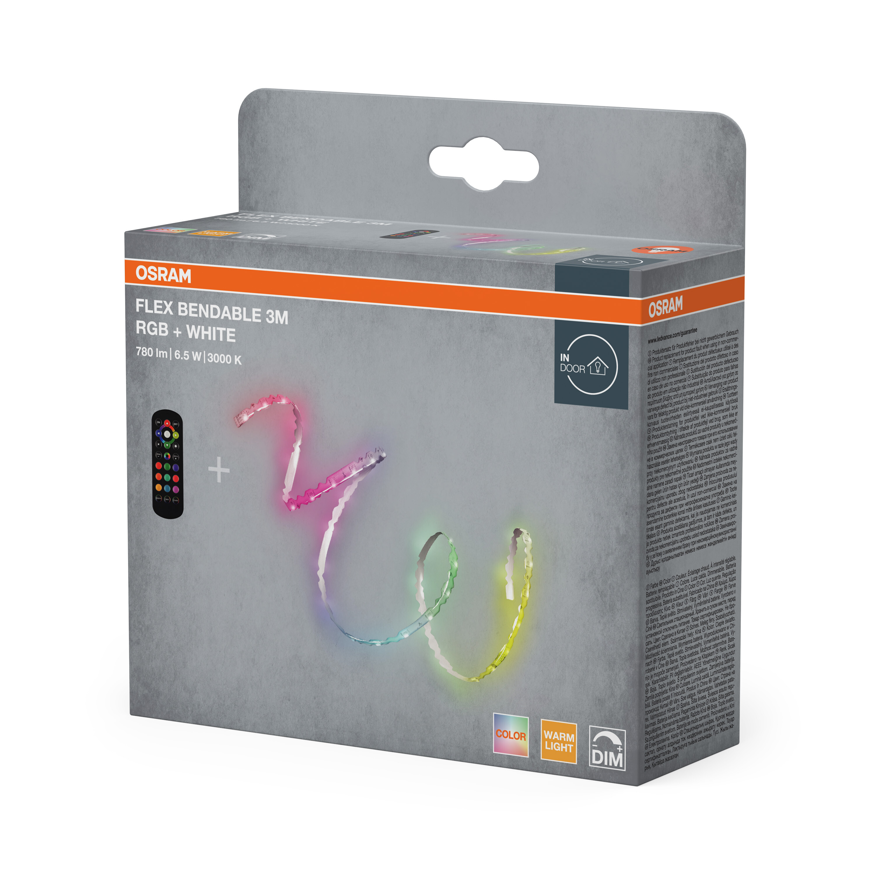 Osram Flex Bendable 3M RGB+White LED strip packaging with remote.
