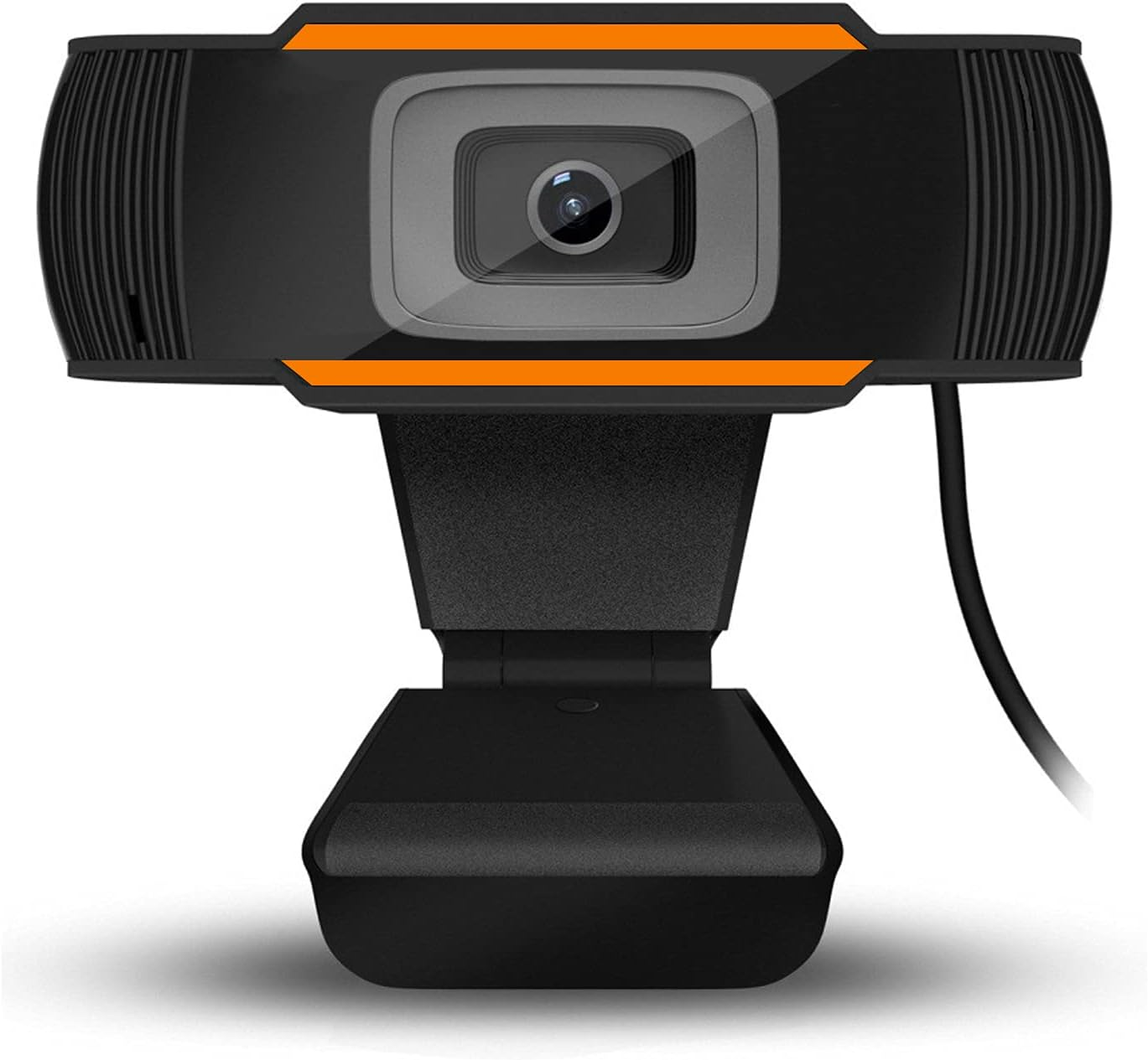 Eine schwarze Webcam mit orangefarbenem Rand ist auf weißem Hintergrund abgebildet.