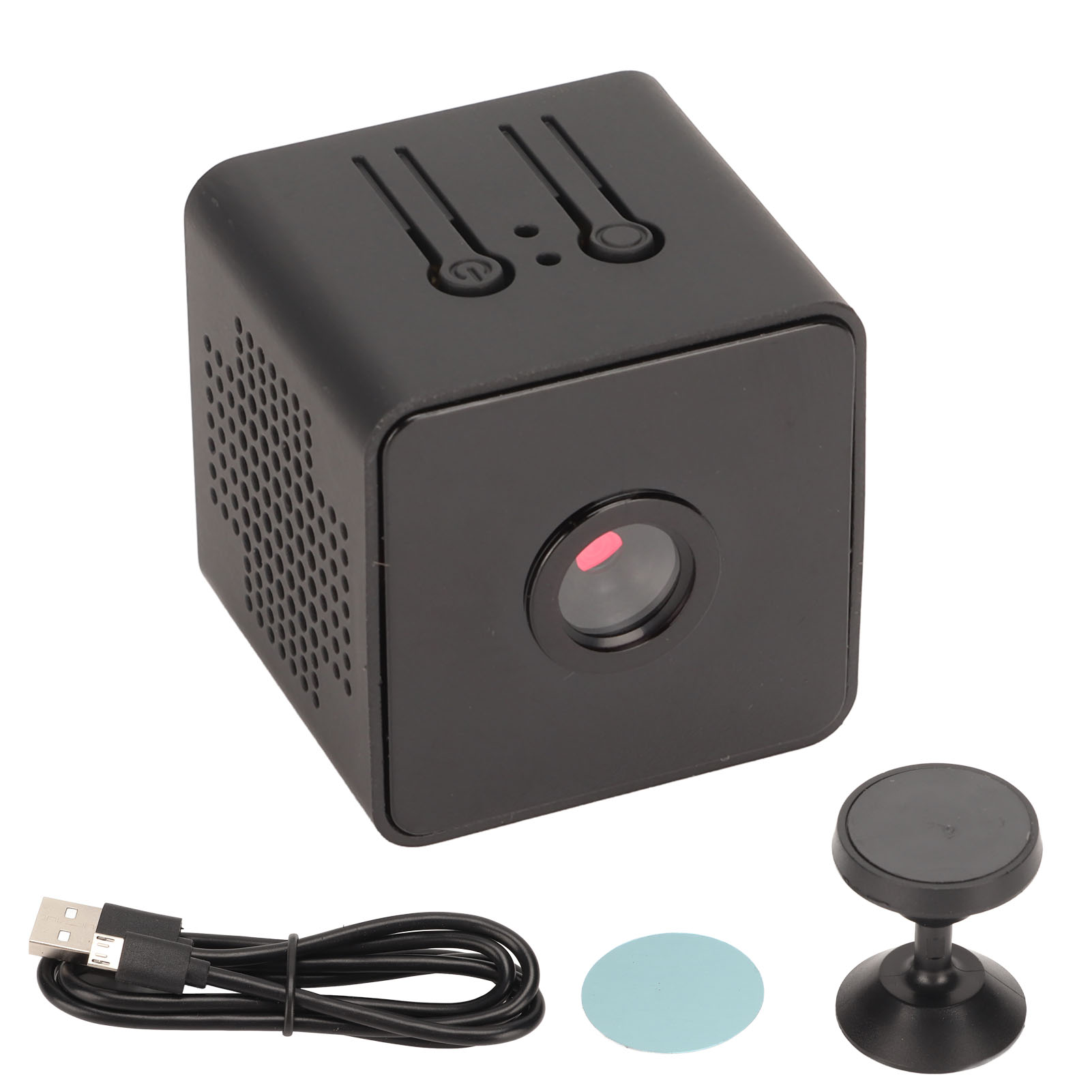Schwarze Mini-Kamera mit USB-Kabel, Magnetfuß und Klebepad.