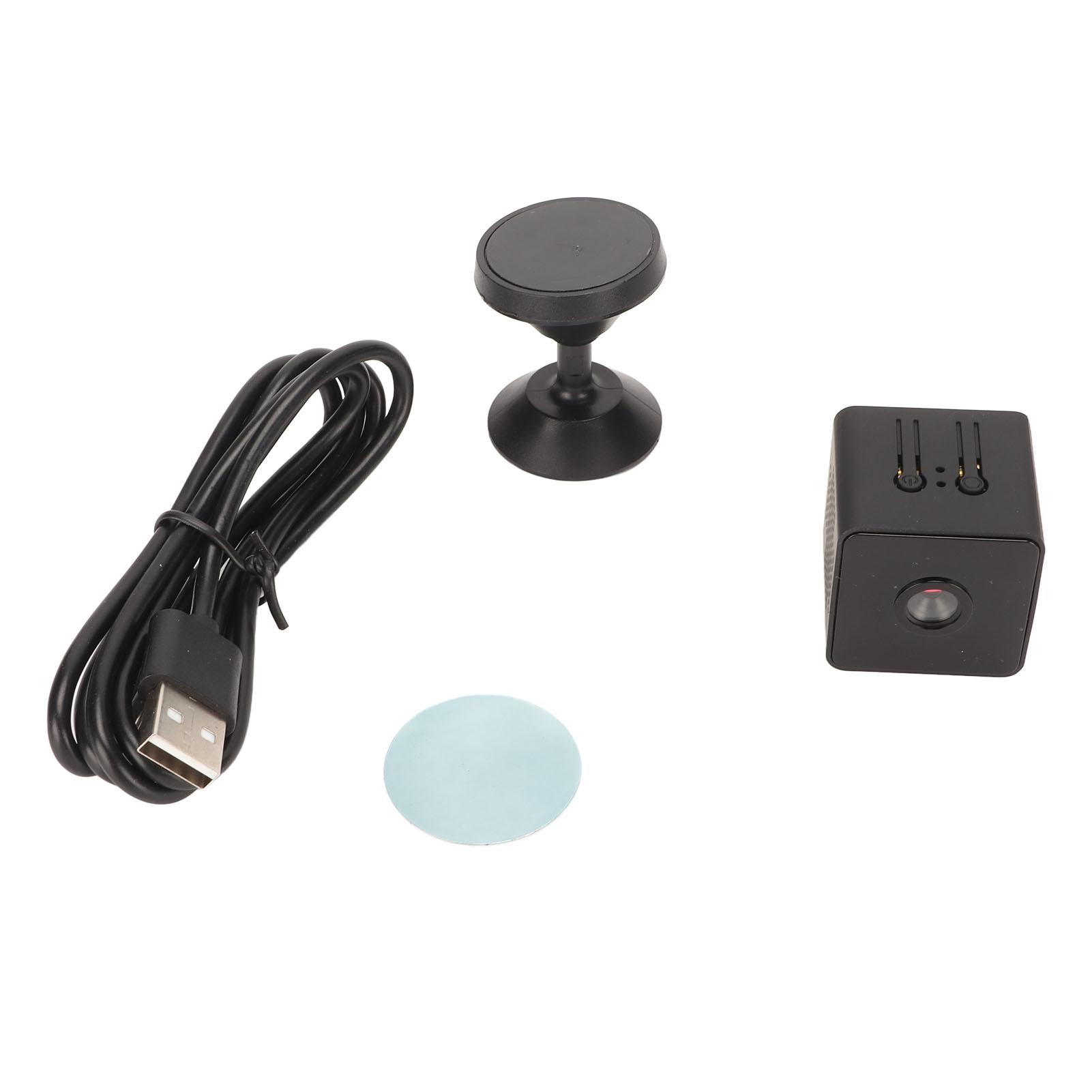 Ein schwarzes Mini-Kamera-Set mit USB-Kabel, Halterung und Klebepad.