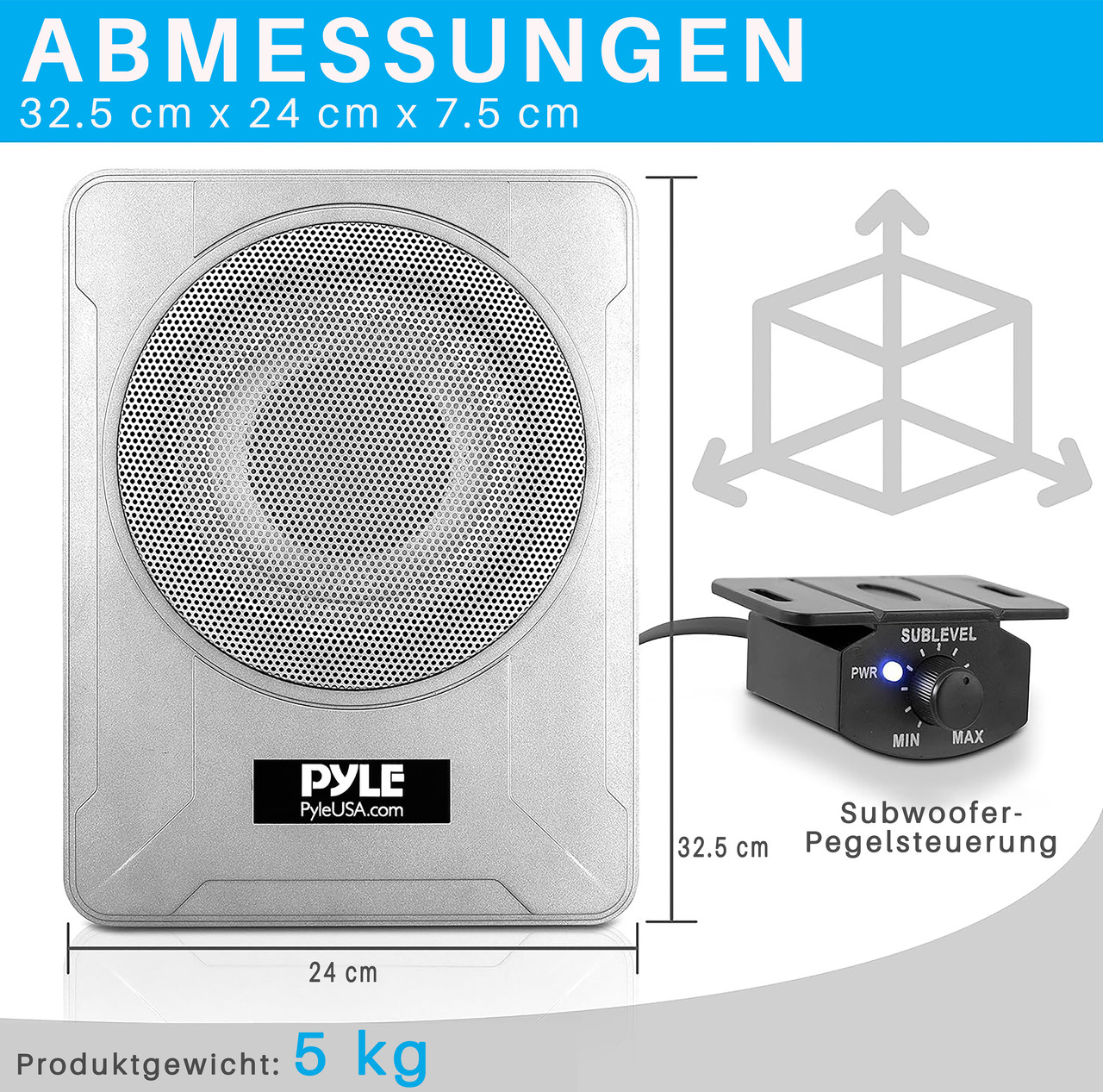 Ein grauer Subwoofer mit silbernem Gitter und einem Bedienelement.
