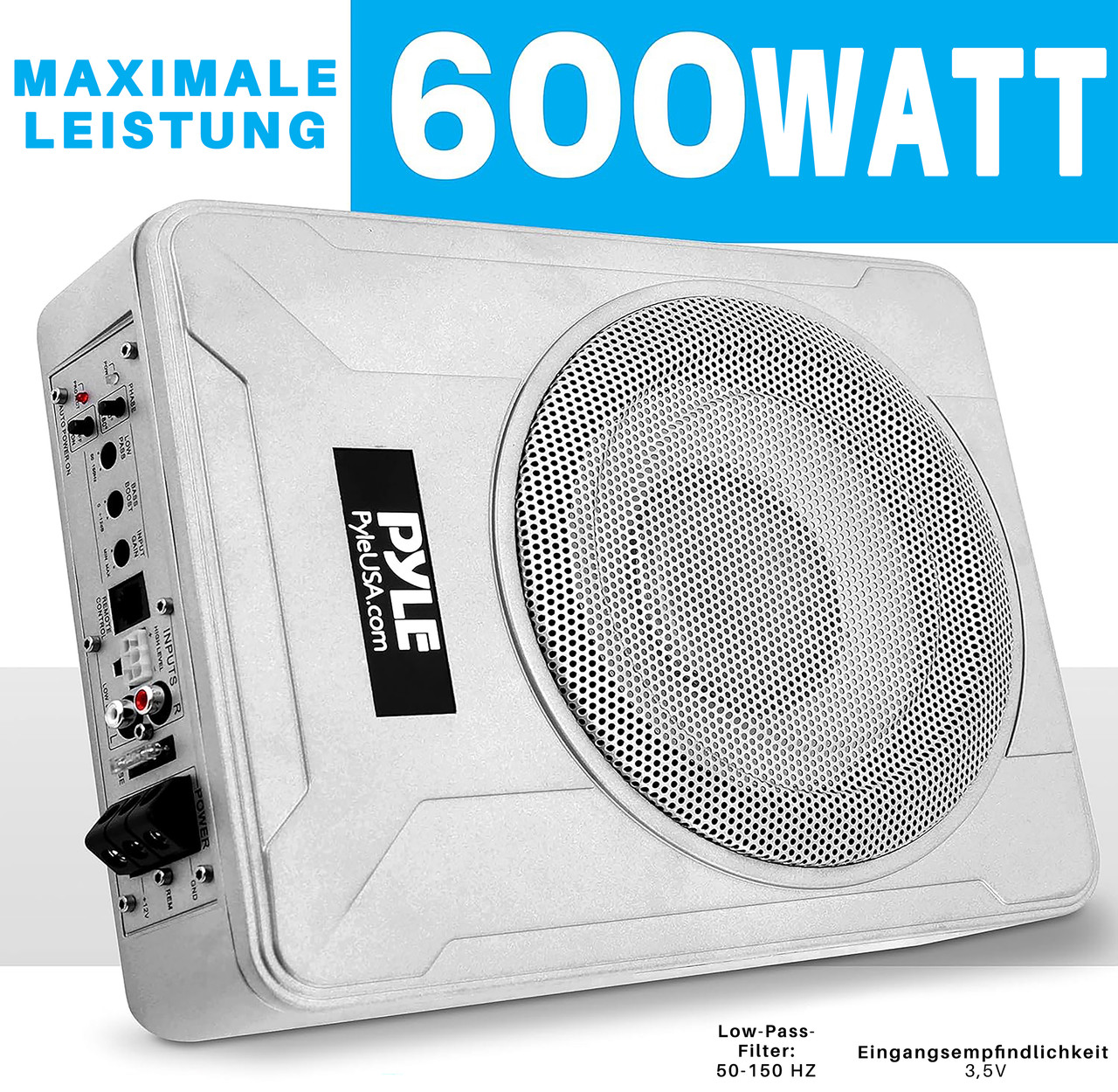 Ein weißer Subwoofer mit 600 Watt maximaler Leistung und PyleUSA.com Logo.